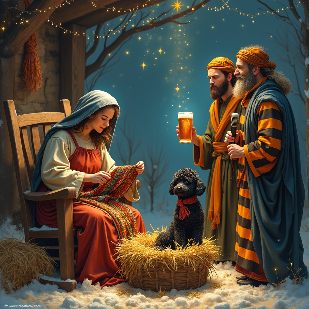 In the bustling warmth of a cozy manger, a whimsical nativity scene unfolds, painting an extraordinary tale on the front of a Christmas greeting card. At the heart of this quaint tableau, Mary, her hair cascading like a river of ink, sits comfortably in a rustic wooden rocking chair. She is deeply engrossed in knitting, her fingers weaving yarn into a colorful, woolen stocking, the needles clicking softly in the chilled air. Beside her, a black poodle, with curls that rival the fluffiness of freshly fallen snow, nestles in a manger filled with golden hay, gazing curiously at the visitors. Joseph stands nearby, clad in an eye-catching Hull City football shirt, the vibrant amber and black stripes of which playfully contrast with the traditional setting. In his hand, he casually holds a pint of frothy ale, its golden hues catching the flicker of a nearby lantern. Flanking them are the three wise men, each with voices raised in harmonious song, their regal robes billowing like the evening sky. They hold vintage microphones, reminiscent of an old-time jazz band, as they croon a festive melody. Behind them, a tapestry of twinkling stars punctuates the night, framing the scene in celestial wonder. The entire composition is framed by the gentle glow of fairy lights, completing this delightful mélange of tradition and modernity with a charming twist.
Generated with these themes: Nativity scene, Mary Knitting, Black poodle in manger, Joseph wearing Hull City football shirt and holding a pint, and 3 wise men singing.
Made with ❤️ by AI.