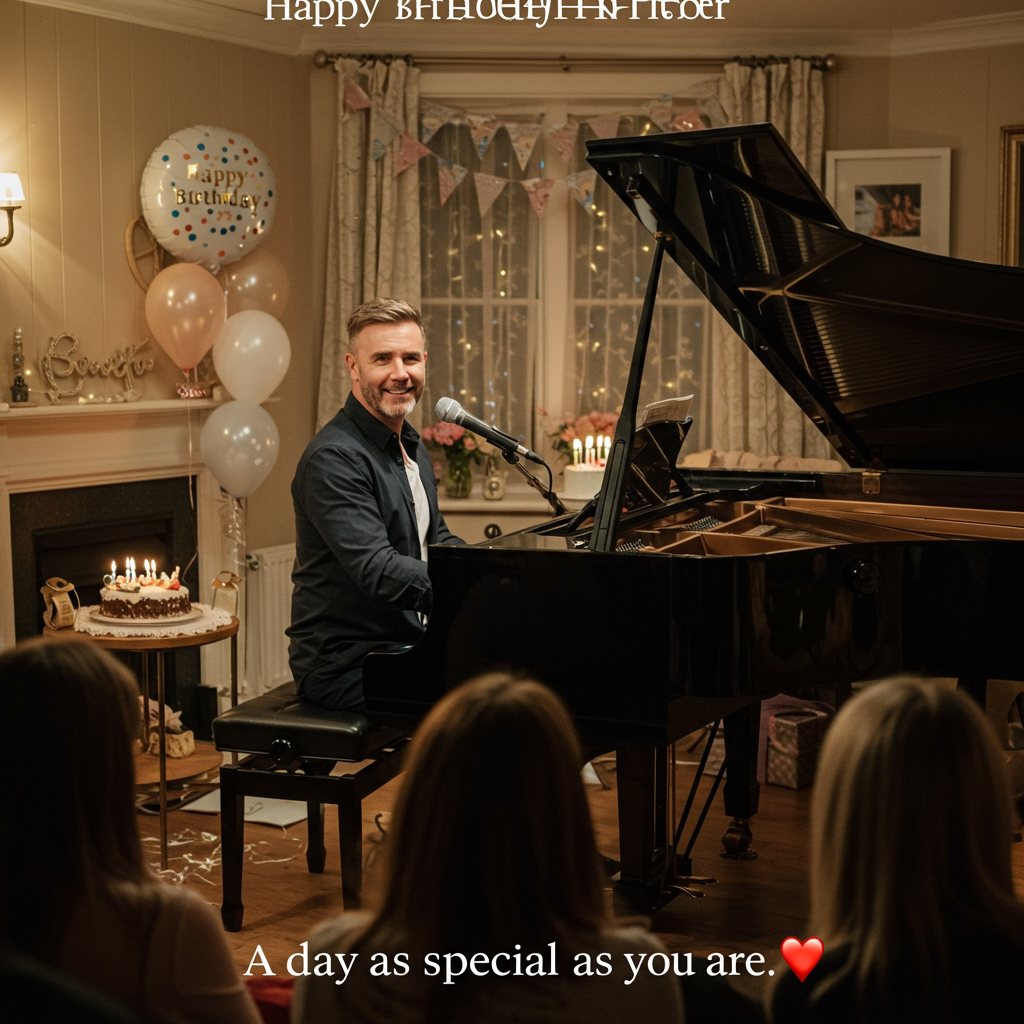 At the top of the Photorealistic picture taken from a camera image, include the text: "Happy Birthday Heather".

**Image Description:**

Capture a heartwarming, candid moment of Gary Barlow serenading a small, intimate audience in a cozy, softly-lit room. Gary, with his signature charm, is seated at a grand piano, his fingers gracefully poised over the keys. The room is adorned with subtle birthday decorations – delicate fairy lights, balloons in soft pastel shades, and a simple yet elegant birthday cake placed on a nearby table.

Gary’s expression is one of warmth and sincerity, conveying the heartfelt nature of his performance. The audience, consisting of a few close friends and family, are seated comfortably around him, their faces glowing with joy and appreciation. The soft lighting casts gentle shadows, creating a warm and inviting atmosphere.

In the bottom right corner, subtly overlay the caption: "A day as special as you are." This enhances the personal and sincere mood of the scene.
Generated with these themes: Gary Barlow, and .
Made with ❤️ by AI.