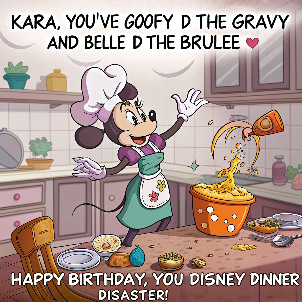 At the top of the image, "Kara, you've Goofy’d the gravy and Belle’d the brûlée – happy birthday, you Disney dinner disaster!"

- In the center of the image, illustrate a whimsical cartoon kitchen in utter chaos: Kara (drawn in a fun, animated style with mouse ears on), is juggling a whisk, a rolling pin, and a flaming Mickey-shaped pancake. Goofy is accidentally pouring orange juice into a spaghetti pot, while Lumière dramatically serves a cake that’s on fire.

- Background characters include Sebastian from The Little Mermaid wearing a tiny chef hat, nervously dodging spilled flour, and Stitch sneakily stuffing birthday cupcakes into his mouth behind the fridge.

- A banner strung across the top says “Kara’s Royal Recipe Wreck-stravaganza!”  

- Add at the bottom of the image, "May your day be cooked to perfection – even if the kitchen isn’t!"
Generated with these themes: Disney cooking.
Made with ❤️ by AI.