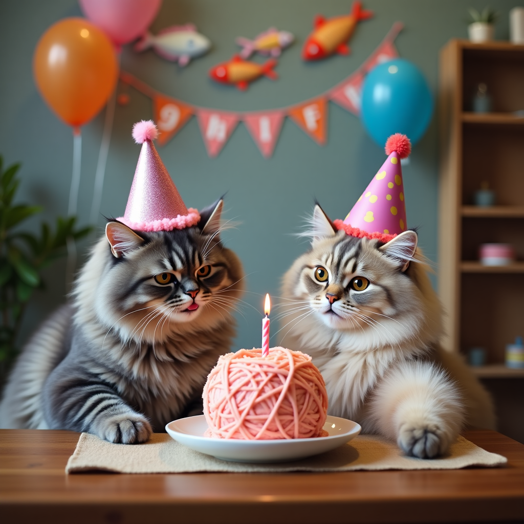At the top of the realistic photograph image, "Happy Purr-thday Luna — Let’s get this paw-ty started!"

A hilariously realistic photo of a majestic gray Norwegian Forest Cat and a floofy Siberian Cat sitting at a small, festive table. Both cats are wearing slightly crooked party hats (one sparkly pink, one with balloons). Between them sits an extravagant birthday cake shaped like a giant ball of yarn with a single candle lit. The Norwegian Forest Cat is caught mid-lick with a dab of frosting on its nose, while the Siberian Cat is reaching a fluffy paw towards the cake, eyes wide and mischievous. Behind them are balloons shaped like fish and a tiny banner reading "9 Lives of Fun!". Natural indoor lighting and soft focus background with cozy birthday party vibes.
Generated with these themes: Gray Norwegian Forest Cat with a birthday cake and a Siberian cat. Both cats have party hats on..
Made with ❤️ by AI.