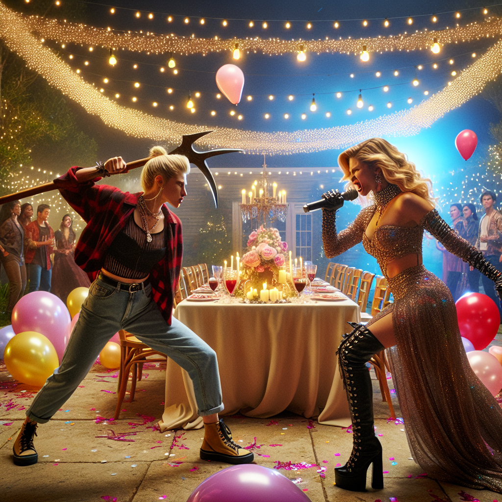 A whimsical birthday party scene under a night sky. Strings of twinkling fairy lights delicately hang above a long banquet table, which is decorated with festive, soft-hued balloons and joyous confetti. In the heart of the festivities, a valiant female blonde vampire hunter, sporting casual attire and gripping a wooden stake strikes a dynamic combat stance. She is engaged in an epic battle against a flamboyantly dressed female singer. The singer, clad in an extravagant, glittery outfit, is skillfully using a microphone stand to parry her opponent's attacks. Both fighters are locked in intense, action-filled tableau.
Generated with these themes: Buffy the Vampire Slayer fighting Lady Gaga.
Made with ❤️ by AI.
