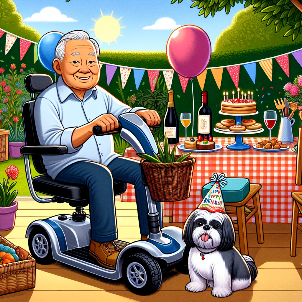 Depict a cartoon scene set in a sunlit garden party. The central character is a senior male with a grey ponytail signifying his age, sitting proudly on a decorated mobility scooter to emphasize his mobility needs. This man, an Asian individual drawn with a noticeable passion for gardening, is seen holding a garden trowel. His faithful companion is a Shitzu dog, characterized by its festive birthday hat, showing excitement for the upcoming celebrations. In the backdrop, include a table filled with birthday delicacies with a notable bottle of Port wine, symbolizing the celebratory spirit. Enhance the scene with colorful balloons, and a backdrop of meticulously cared for plants.
Generated with these themes: Male, Shitzu dog, Port wine, Gardener, Mobility scooter, and  grey pony tail.
Made with ❤️ by AI.