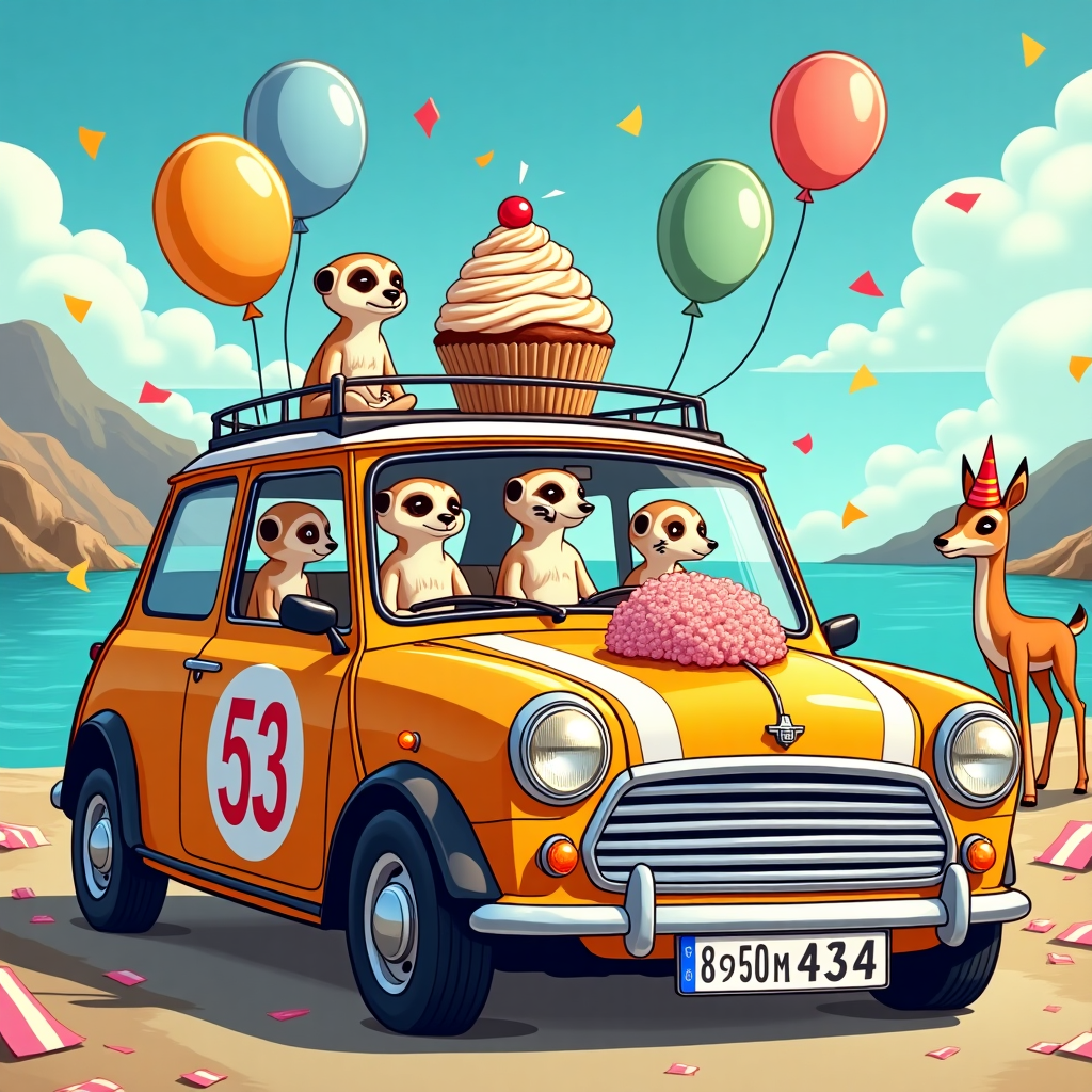 **Image Prompt:**

At the top of the cartoon image: *"Happy 53rd, Rich — May the Torque Be With You!"*

Create a whimsical cartoon scene bursting with cuteness and fun. A cheerful gang of meerkats dressed as Stormtroopers are joyfully cruising through sun-soaked Greek islands in a vibrant, cartoon-style Austin Cooper Mini, decorated with birthday balloons and a giant cupcake on the roof. The meerkats are wearing classic Gazelle trainers and tossing confetti from the windows. A spiritual twist adds a golden glowing aura around the car, and a floating Zen monk meerkat is meditating in lotus position on the hood. The sea sparkles in the background, and there’s a smiling, cartoon gazelle hitchhiking on the roadside wearing a party hat. All the license plates and signs feature the number "53" as a nod to Rich’s milestone birthday.
Generated with these themes: Cars, Stormtroopers, Meerkats, 53, Spiritual, Greece, Gazelle trainers, and Austin cooper mini.
Made with ❤️ by AI.