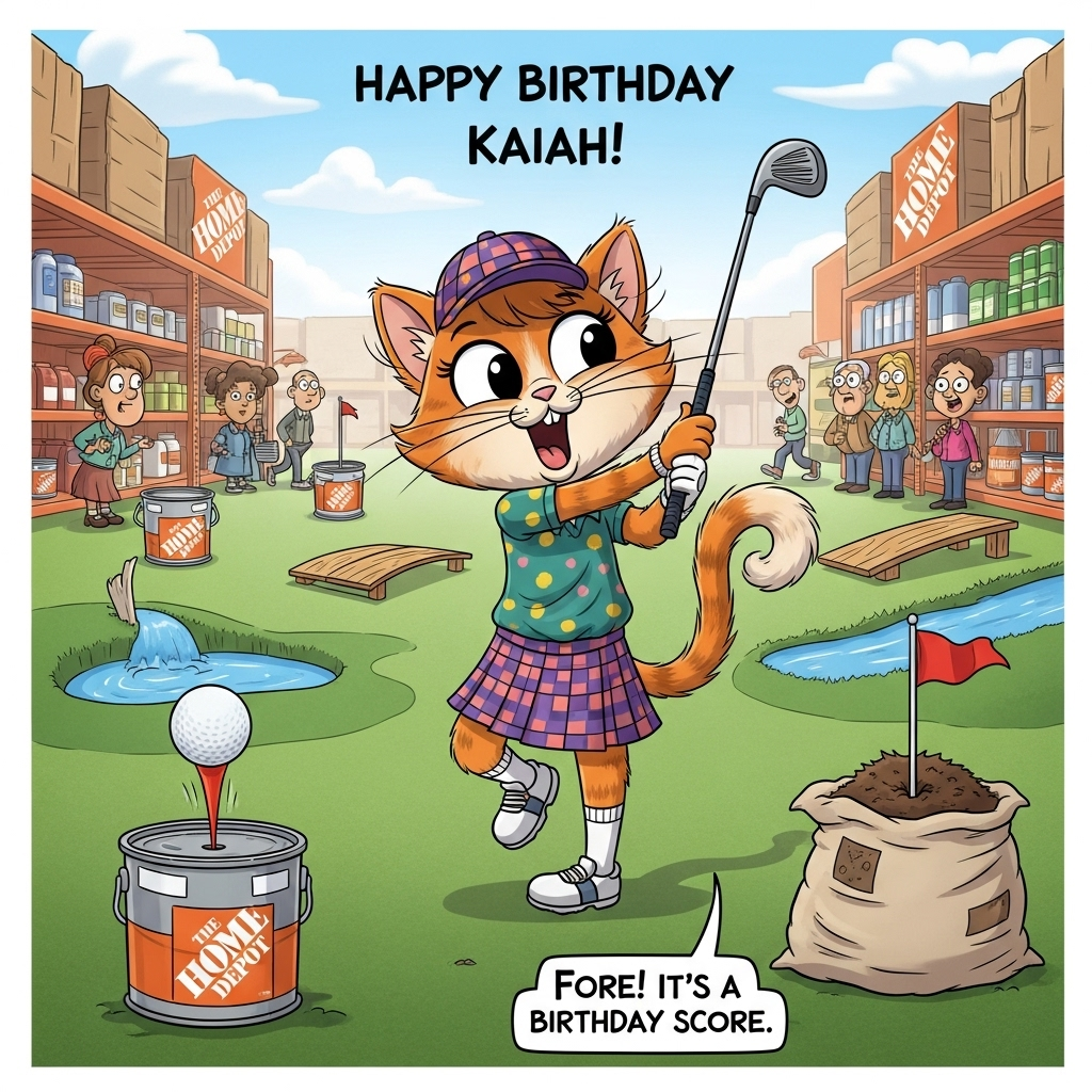 ### Image Prompt:

At the top of the Cartoon Style image, place the text: "Happy birthday Kaiah!"

### Scene Description:

Create a whimsical and vibrant cartoon scene featuring a girl cat, with fluffy fur and big, expressive eyes, dressed in a colorful golf outfit complete with a tiny cap and a plaid skirt. She’s holding a golf club with exaggerated excitement, mid-swing, aiming at a golf ball that’s teetering on top of an oversized can of paint, nestled within the aisles of Home Depot.

Around her, display various Home Depot-themed obstacles humorously transformed into golf course features—paint cans as bunkers, wooden planks as fairway bridges, and a flag stuck in a giant bag of mulch as the hole. Her feline tail curls up playfully, and her whiskers twitch with concentration.

In the background, other cartoon-style Home Depot shoppers look on with exaggerated surprise and amusement. Add a small, cheeky caption near the bottom: "Fore! It's a Birthday Score!"
Generated with these themes: Girl cat playing golf at Home Depot, and .
Made with ❤️ by AI.