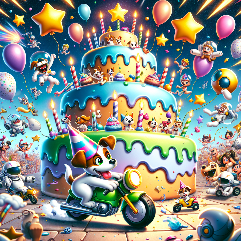 Imagine a jubilant cartoon birthday party. Energetic animated Jack Russell dogs, adorned in festive party hats, zoom with delight across the scene on miniature motorcycles, nimbly darting between party guests and decorations. At the center of the scene, there's a superb cake, its layers inspired by the appearance of desert landscapes, crowned with figures of space wizards and robots. Across the sky, star-shaped balloons float freely, coupled with whimsical hovering ice cream cones, the drippings are rendered in brilliant, cartoon-like colors, contributing to the overall magical aura of the party.
Generated with these themes: Motorbikes, Cake, Jack Russell, Star wars, and Ice cream.
Made with ❤️ by AI.