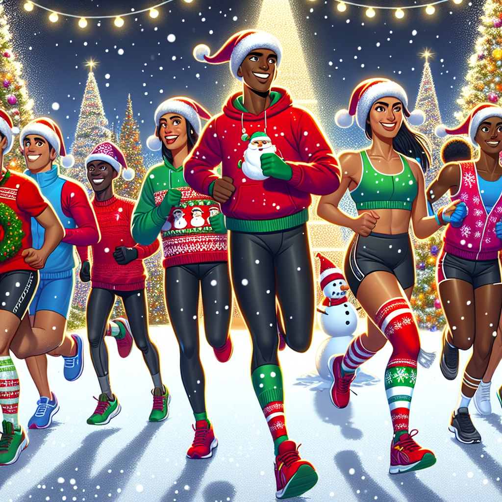 A heartwarming Christmas-themed illustration captures the spirit of the festive season with a scene of athletic runners dressed in Santa hats and colorful holiday-themed running gear. They are joyously sprinting through a snowy park adorned with twinkling lights, decorated trees, and cheerful snowmen cheering them on.
Generated with these themes:  Athletics, and Runners.
Made with ❤️ by AI.