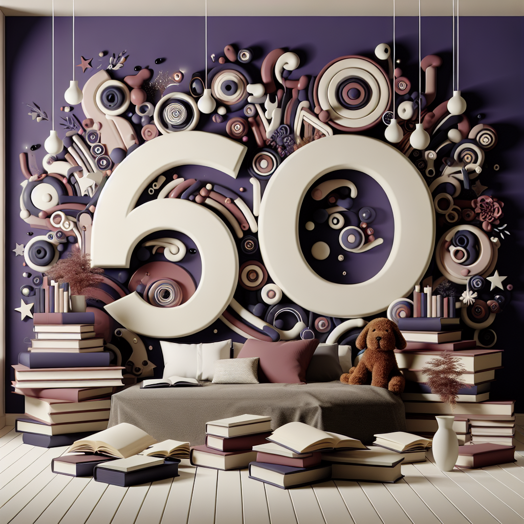 Imagine a room festively decorated with an abstract theme. Books are scattered around playfully, suggesting an appreciation for reading. Among the unique shapes and designs, the number '60' is conspicuously present, hinting at an important occasion and a milestone celebration. The room is touched with a sophisticated deep purple color. A motif of a cuddly brown dog brings an affectionate and comforting vibe to this extraordinary birthday bash.
Generated with these themes: Books, 60, Purple, and Brown dog.
Made with ❤️ by AI.