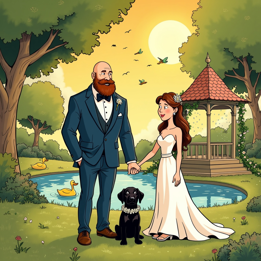 Black Labrador Dog, Bearded groom with bald head, and Pretty bride Wedding Card
