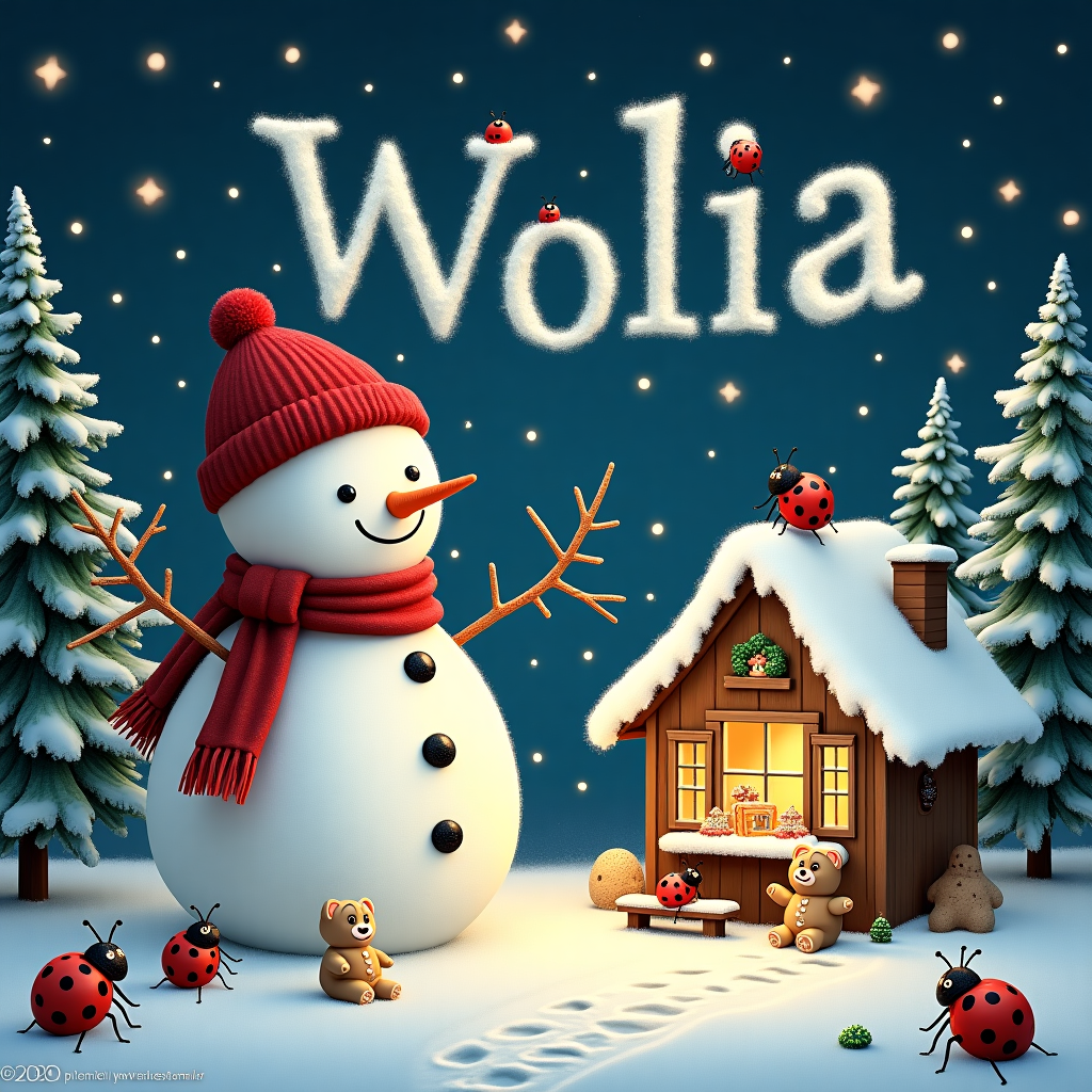 In the heart of a whimsical winter wonderland, a charming Christmas scene unfolds beneath the twinkling stars. At the center of this delightful tableau, an army of vibrant ladybugs are busily engaged in building a whimsical snowman with a twist—a teddy snowman. This unique creation is crafted with meticulous detail; his plump, snow-covered body is adorned with buttons made from mini gingerbread cookies, while his round, friendly face is composed of tiny, glistening pebbles and a carrot for a nose. Beside him, a teddy bear snowman comes to life, sculpted lovingly with snow and decorated with a classic red scarf and tiny mittens.

In the background, a small, quaint cottage emits a warm, inviting glow from its frosted windows, where the aroma of freshly baked gingerbread drifts into the crisp winter air. Inside, a cozy scene can be glimpsed through the window—a wooden table laden with gingerbread cookies shaped like stars, trees, and bells, each sprinkled with snowy sugar.

Above this enchanting scene, the name "Wiola" appears elegantly in the starry sky, crafted by delicate trails of frost that seem to twinkle with a light of their own. These letters are lovingly etched in the shape of snow-laden branches, framing the scene like a natural festive banner.

A forest of evergreen trees, their boughs heavy with snow, form the backdrop, each tree topped with a sparkling star. The ground is a carpet of pristine white snow, dotted with paw prints and the tiny trails left by the busy ladybugs as they hustle about their creative task. The whole scene is a celebration of creativity and warmth, captured in a magical moment of holiday spirit.
Generated with these themes: Ladybugs making a teddy snowman, Snowman teddy bear, Christmas scene, and Baking ginger bread.
Made with ❤️ by AI.