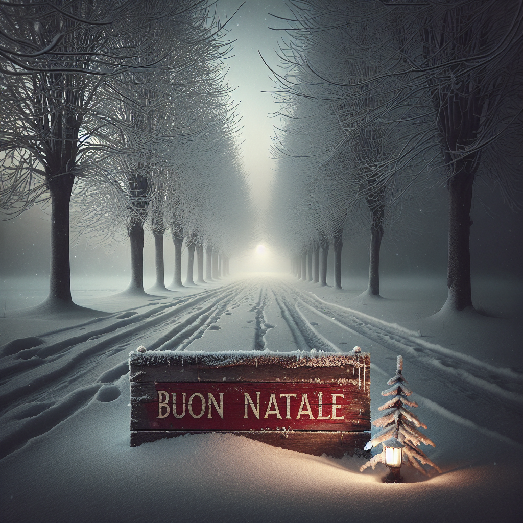 A dusky, snow-laden street lined with bare, frosted trees forms the backdrop. A single, dim streetlight casts a soft glow upon the snow, revealing settled footprints. In the foreground, a rustic wooden sign displaying the phrase 'Buon Natale' in faded red lettering is the only hint of color, bringing a subdued festive touch to the otherwise somber scene.
Generated with these themes: Christmas .
Made with ❤️ by AI.
