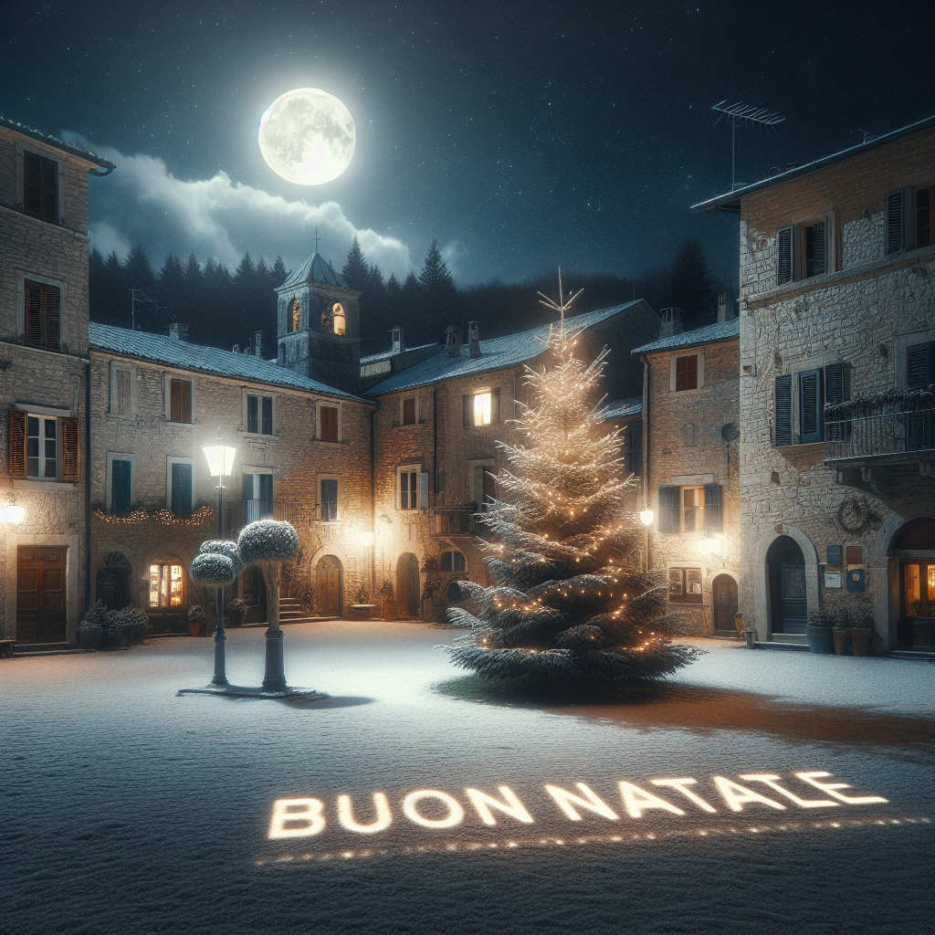 A serene, moonlit village square dusted with fresh snow sets a solemn mood. Antique stone houses border the scene, their windows glowing with soft, warm light. An unadorned Christmas tree takes center stage in the square, with 'Buon Natale' projected onto it in a clear, crisp font, offering a silent message of goodwill amidst the quiet of the night.
Generated with these themes: Christmas .
Made with ❤️ by AI.