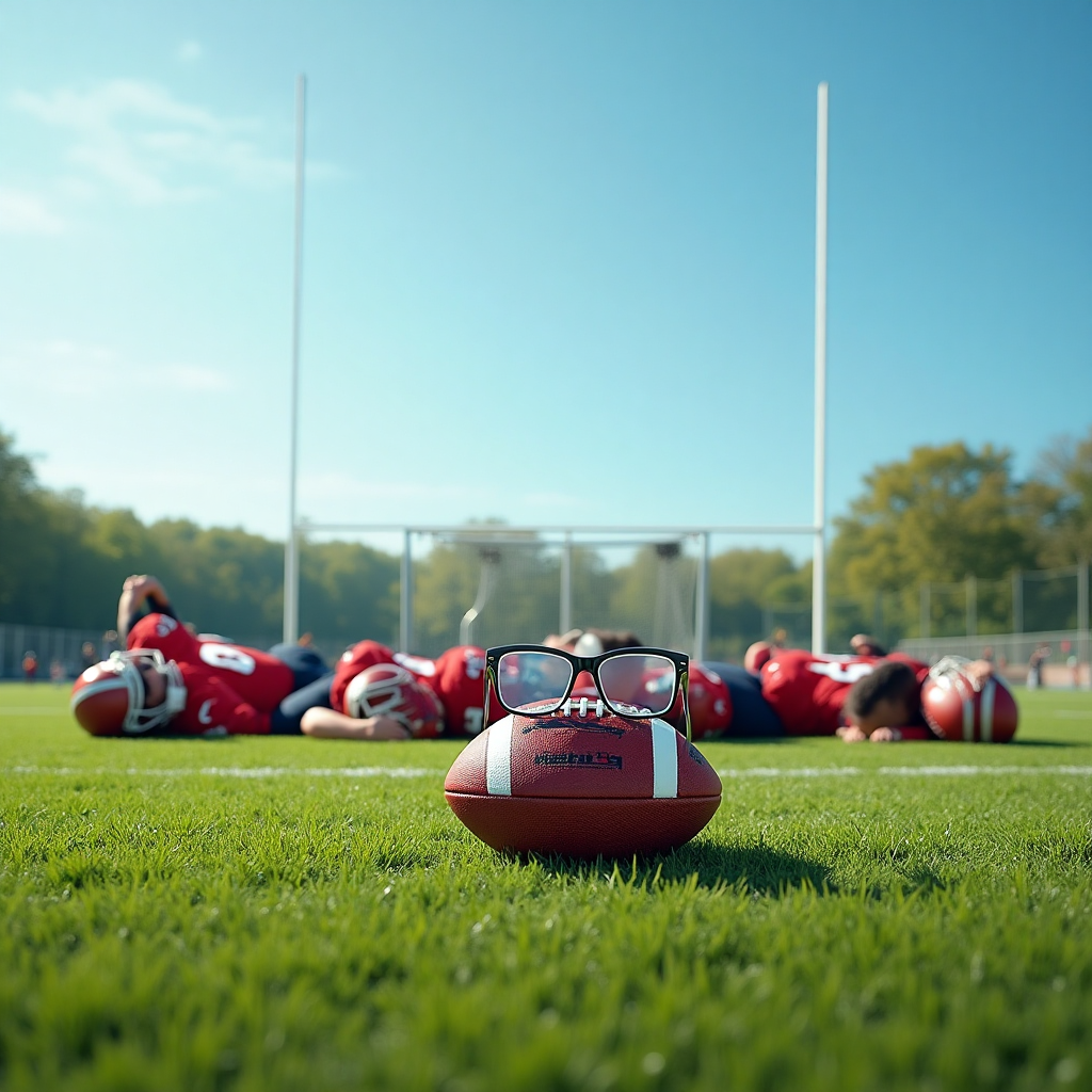 At the top of the Photorealistic picture taken from a camera image, the text reads: "all the best".

---

Imagine a lush, perfectly manicured football field under a bright blue sky. The central focus is a humorous scene: a group of football players dressed in their team kits, humorously sprawled on the grass as if they've just had a dramatic fall. The players are in various comedic poses, some pretending to nap with their helmets as pillows, while others look like they're mid-snooze with gentle smiles.

In the foreground, a lone football stands proudly with a pair of comically large glasses perched on it, giving it a wise, knowing look. The goalposts in the background frame the scene, adding depth to the image. The lighting captures the vibrancy of the players’ uniforms and the fresh green of the grass, creating a dynamic and lively scene perfect for a farewell card.

This humorous farewell scene, captured with ultra-high-definition 4K UHD clarity, perfectly encapsulates the fun and lightheartedness of a football match, with the message that despite the end of the game, there are still smiles to be had.
Generated with these themes: Football, and .
Made with ❤️ by AI.