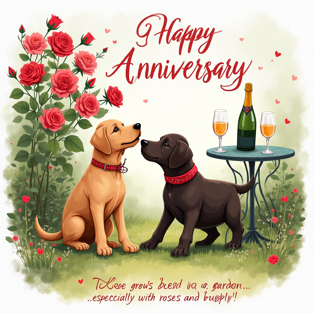 At the top of the Illustration Style image, the text reads: **Happy Anniversary**

**Image Prompt:**

Create a romantic and whimsical scene featuring a pair of playful labradors in a charming garden setting. The labradors, one golden and one chocolate, are joyfully sniffing around a lush rose bush, where vibrant roses bloom in shades of red and pink. In the background, a quaint garden table is set with a chilled bottle of champagne and two elegant flutes, capturing the essence of celebration. The illustration showcases a hand-drawn style with fine linework and textured brush strokes, using a warm and expressive color palette. A small, cheeky line beneath the dogs reads: "Love grows best in a garden... especially with roses and bubbly!"
Generated with these themes: Labradors, Roses, Gardening, Champagne, and .
Made with ❤️ by AI.