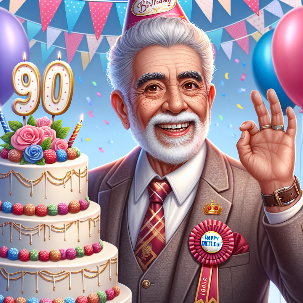 A heartwarming digital drawing that captures a friendly grandad wearing a party hat and a badge that says '90,' waving cheerfully at the viewer. In the foreground, a beautifully iced cake topped with a 'Happy Birthday' topper, and in the background, banners and balloons create a festive atmosphere.
Generated with these themes: grandad 90th  .
Made with ❤️ by AI.