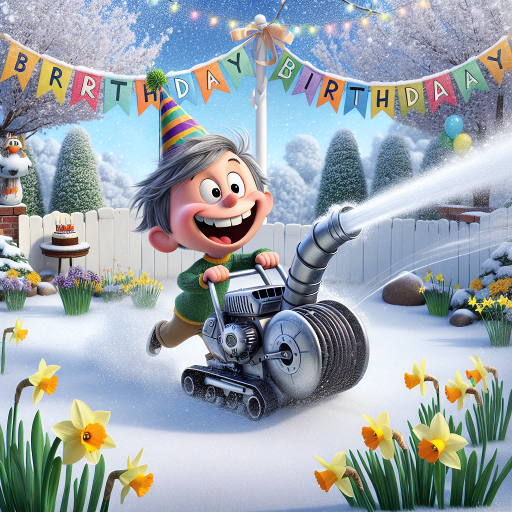 A captivating cartoon scene of a birthday celebration is taking place. A joyful, animated character named Norman, is enthusiastically handling a fantastical snow blower amidst a light snowfall. The garden in the backdrop has blooming daffodils pushing through the snow, providing a touch of hopeful spring spirit in contrast to the cool environment. Above, festive banners and balloons are swaying, beautifully framing this delightful snowy birthday party.
Generated with these themes: Norman, Snow blower, Garden, Snowing, and Daffodils .
Made with ❤️ by AI.