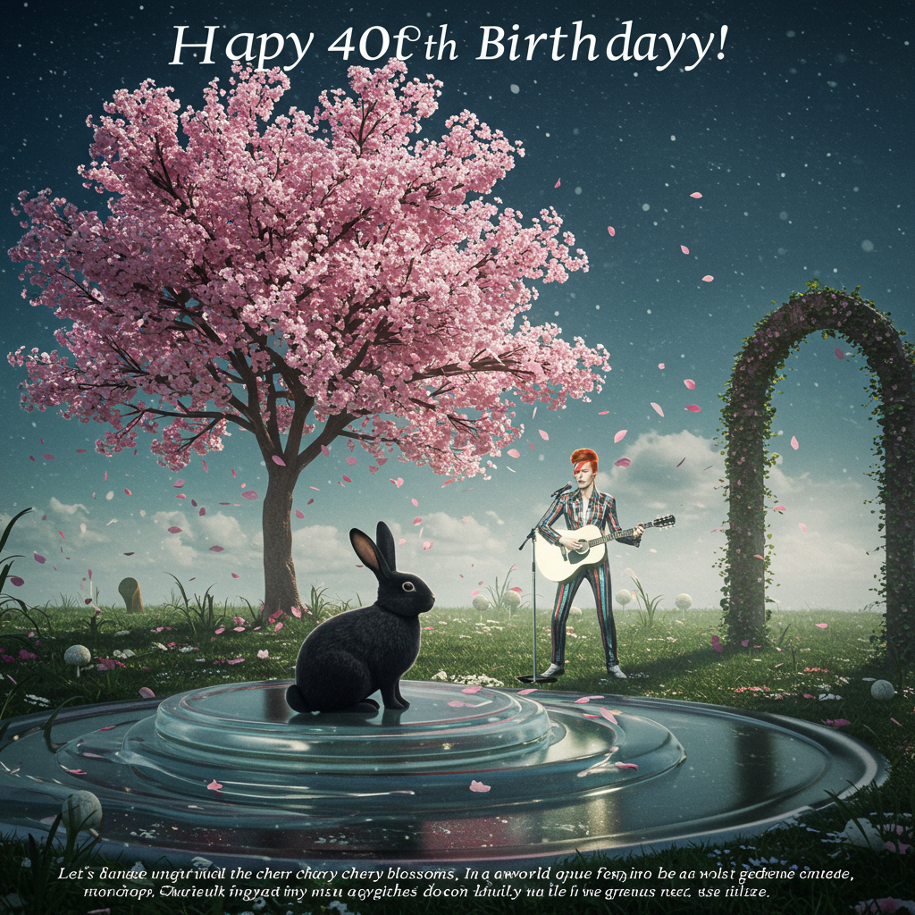 David Bowie, Black rabbit with white nose, Cherry tree, Gothic, Sweeties , and Birthday Card