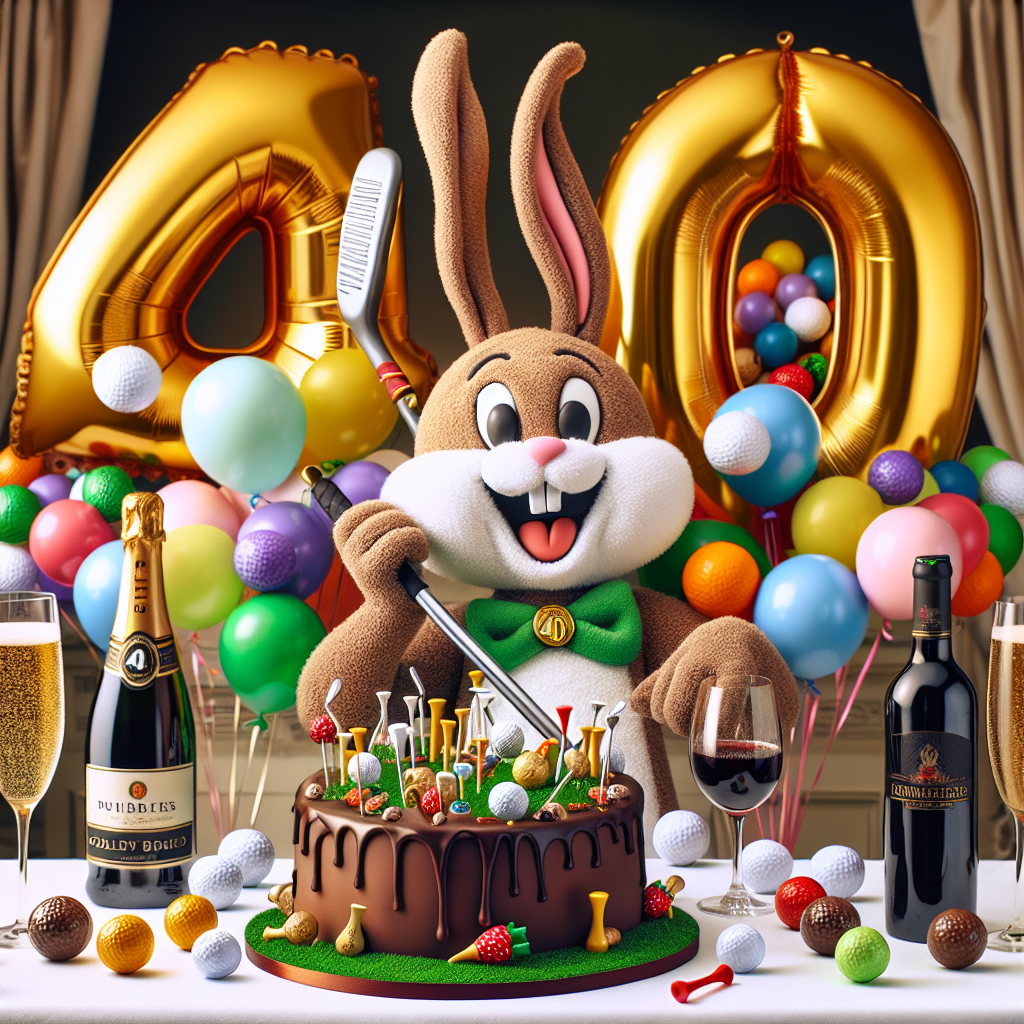 A merry, cartoon-style birthday scene radiating joyfulness. In the focus, a grinning bunny character named 'Penny,' displays a golf club in its paws, enveloped by lively balloons fashioned in the form of the number 40. Dispersed around the scene are bottles of bubbly beer and refined glasses brimming with red wine, accompanied by a smattering of golf balls and tees. A chocolate-themed birthday cake, embellished with playful golf themes, occupies a distinguished position, enhancing the cheerful ambiance.
Generated with these themes: Golf, beer, bunny penny, chocolate,  red wine, number 40.
Made with ❤️ by AI.