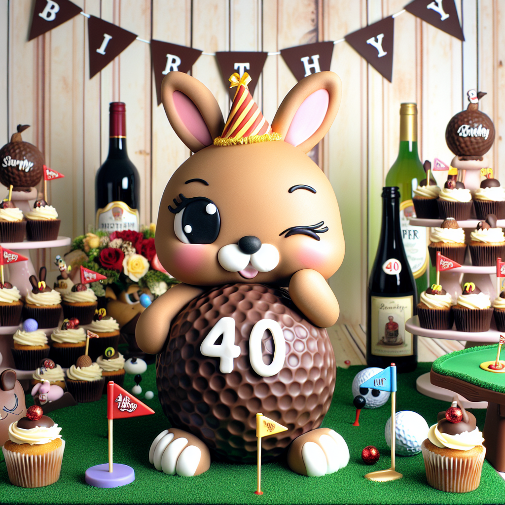 Create a whimsical cartoon style birthday scene that showcases a blend of hobbies and treats. There's a bunny, known as Penny, wearing a festive party hat, winking cheerfully while sitting on top of an oversized chocolate golf ball. Surrounding this, there are mini golf courses with flags that have the number '40' on them. There are bottles of beer and red wine with customized labels adorned around the place. The backdrop of the scene is dominated by towers of cupcakes, each one capped with a chocolate golf tee. The overall ambiance of the scene is a joyful one, perfectly fit for a 40th birthday party celebration.
Generated with these themes: Golf, beer, bunny penny, chocolate,  red wine, number 40.
Made with ❤️ by AI.
