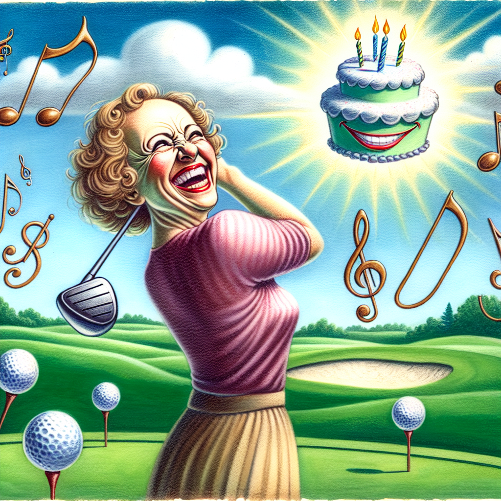 A whimsical birthday illustration displays a central figure, a Caucasian, middle-aged woman with a vibrant, infectious smile. She is poised to strike a golf ball shaped like a birthday cake with her golf club against the lush green backdrop of a golf course. The sky above is filled with floating musical notes symbolizing a non-specific popular tune. Each music note is enveloped by delicate dramatic symbols representing comedy and tragedy, subtly acknowledging the woman's passion for dramatic arts.
Generated with these themes: Chelsea, Golf, Toto Africa, and Drama.
Made with ❤️ by AI.