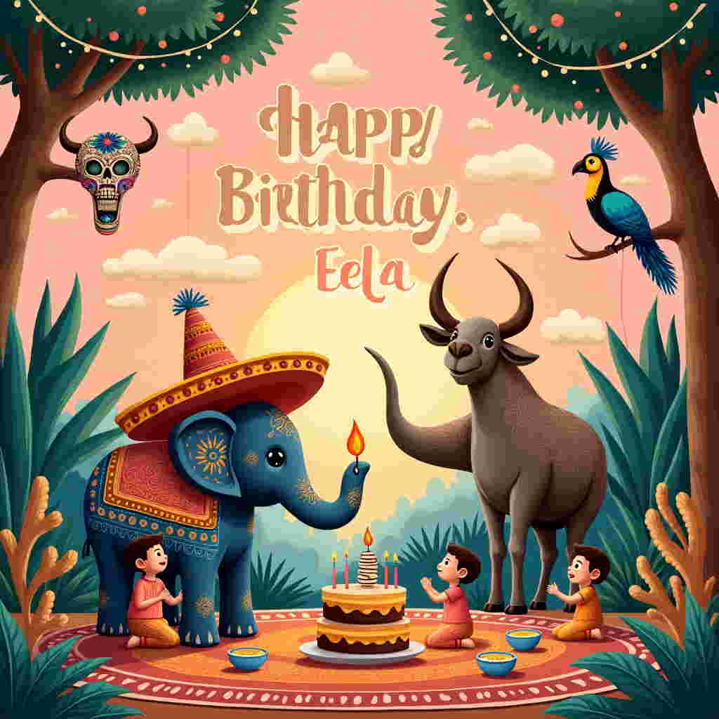 The scene for the 1st birthday greeting card is a whimsical blend of Indian and Mexican cultural elements set in a vibrant, imaginative landscape. Picture a lush, enchanted garden where the foreground features a large, ornate birthday cake shaped like an Indian elephant wearing a traditional Mexican sombrero. The elephant cake has intricate henna-like designs piped in vibrant icing, and it playfully balances a single large candle on its trunk. In the background, a charming scene unfolds with a marigold-decorated, sugar skull piñata hanging from a banyan tree, its branches adorned with strings of papel picado, colorful paper cutouts depicting intricate patterns blending Indian paisleys with Mexican florals.

To the left, a small group of children dressed in traditional Indian kurta-pajamas and Mexican charro suits gather around, joyfully clapping and singing, their eyes wide with wonder. On the right, a peacock and a toucan perch side by side on the tree, watching the festivities with curious eyes. Floating in the sky above, a flock of balloon animals shaped like sacred cows and armadillos create a whimsical cloud-like formation. The sky itself is a brilliant shade of sunrise pink, with fluffy clouds spelling out "Happy Birthday, Eela" in swirling, calligraphic letters, resembling the brush strokes of an ancient manuscript.

In the center, a small table holds a variety of treats: jalebi spirals stacked beside churros, and little bowls of mango lassi next to glasses of horchata. An ornate rug with a fusion of intricate Indian and Mexican motifs spreads underfoot, inviting you into this joyful world of cultural celebration. The card captures the essence of Eela’s special day with a delightful blend of two vibrant cultures, all while playfully honoring her very first birthday.
Generated with these themes: 1st Birthday India and Mexico .
Made with ❤️ by AI.