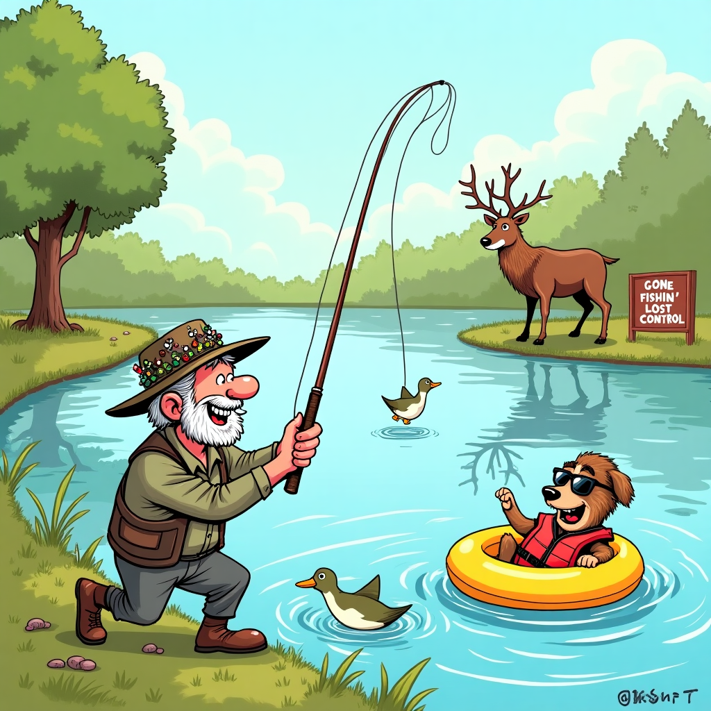 **Prompt:**  
An illustration in a humorous, cartoon style of an old man fly fishing on a peaceful river, but with everything going comically wrong. The man, wearing a floppy fishing hat covered in old lures, is being yanked off his feet by his own fishing line, which is tangled in the antlers of a surprised deer on the opposite riverbank. Meanwhile, his loyal but equally unhelpful dog—a shaggy mutt in a life jacket and sunglasses—is floating lazily in an inflatable duck-shaped pool float, completely ignoring the chaos. Ducks scatter, a fish leaps out of the water laughing, and a nearby sign reads: “Gone Fishin’, Lost Control!” The scene bursts with bright colors, exaggerated expressions, and lots of movement, creating a cheerful, laugh-out-loud moment by the riverside.
Generated with these themes: Old man fly fishing with a dog, and River.
Made with ❤️ by AI.