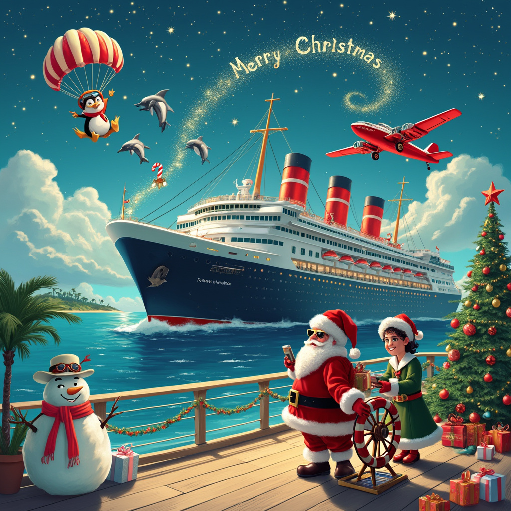 The scene is set on a bustling Christmas cruise ship deck, floating serenely on a shimmering, azure sea under a starlit sky. In the foreground, Santa Claus, dressed in his classic red suit but accessorized with aviator sunglasses and a captain's hat, stands at the helm of the cruise ship, steering it with a huge candy cane wheel. Next to him, Mrs. Claus, wearing a festive green dress and sailor's cap, is joyfully decorating a miniature Christmas tree with baubles shaped like tiny life preservers and anchors. 

In the background, the cruise ship's towering white smokestacks are festooned with garlands of twinkling fairy lights and Christmas ornaments. On the upper deck, a group of cheerful elves in red and green sailor outfits are launching presents off a makeshift runway, using a toy catapult, straight into the ocean where they magically transform into playful dolphins and leaping fish wrapped in festive ribbons.

Above the scene, a bright red airplane, piloted by a reindeer wearing aviator goggles, is skywriting "Merry Christmas" with a trail of sparkling stardust. The airplane's cargo hold is open, and parachuting penguins with Santa hats are gently descending towards the cruise ship, carrying stockings filled with gifts.

In the bottom left corner, a mischievous snowman, who seems to have stowed away on the cruise, is sitting on a deck chair with a tropical drink in hand, his carrot nose turned up towards the sky. Behind him, a Christmas tree made entirely of seashells and starfish stands proudly next to a signpost that reads, "North Pole - 2,000 Miles."

The sea around the cruise ship is dotted with small, festive buoys, each one decorated like a Christmas ornament, bobbing up and down with the waves. On the horizon, a beautiful island with palm trees wrapped in holiday lights can be seen, promising a warm and merry holiday adventure.
Generated with these themes: Cruise Ships, Sea, Santa, Travel, Airplane.
Made with ❤️ by AI.