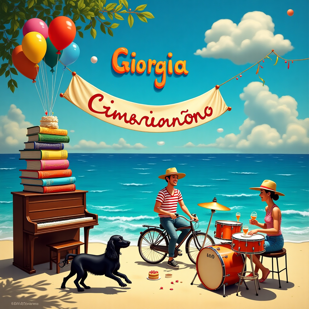 The scene unfolds in a vibrant, dreamlike landscape that seamlessly blends the elements into a whimsical birthday celebration for Giorgia. The focal point is a beach along the Italian seaside, where the azure waves gently kiss the shore under a kaleidoscope of a sky inspired by Kandinsky, with swirling colors and geometric shapes. To the left, a sleek black spaniel with a glossy coat prances joyfully on the sand, its ears flopping with each playful bound. Adjacent to the pup, a small grand piano rests, its keys painted in a Mondrian-like grid of primary colors. 

In the center, a vintage bicycle leans casually against a stack of oversized books, their spines showing titles in a rich array of fonts. These books tower whimsically like a mini-library tower, with pages fluttering as if animated by the sea breeze. Above this, hanging from a string of vibrant balloons, a banner spells out "Buon Compleanno Giorgia" in playful, looping letters that seem to dance in the wind. 

To the right, an Italian mum and dad, dressed in traditional seaside attire of sun hats and striped shirts, are seated at a small round table set with an espresso and a slice of birthday cake. The tablecloth features a Rothko-inspired pattern of soft, merging hues. Beside them, a drum kit is perched on the sand, its cymbals catching glints of sunlight, with abstract Miró-like figures whimsically painted on the drum shells.

In the sky, the name "Giorgia" is written in clouds that have taken on the wispy, abstract form reminiscent of Cy Twombly’s dynamic lines, as if scribbled across the vast expanse by an unseen hand. The horizon is a blurred line of colors, merging sea and sky in a way that evokes the layered techniques of Gerhard Richter. This enchanting collage of elements creates a unique birthday scene, capturing the essence of Giorgia’s special day in a tapestry of surreal creativity.
Generated with these themes: Black spaniel, Books, Bicycle, Italian seaside, Small Piano, Italian Mum and Dad, and Drum kit.
Made with ❤️ by AI.