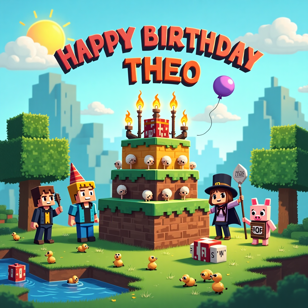 In this whimsically detailed birthday illustration, imagine a vibrant and bustling Minecraft-themed landscape filled with blocky characters and quirky elements. At the center of the scene, a large, pixelated birthday cake towers on a grassy field, its layers made from various Minecraft blocks like diamond, gold, and emerald, each radiating a subtle glow. The cake is adorned with torches for candles, casting warm flickers of light.

Surrounding the cake, a variety of Minecraft characters gather, each bringing their own touch of humor. Steve, wearing a party hat made from a Creeper's face, holds a shovel topped with a balloon, while Alex, donning a cape made of redstone, offers a present shaped like a TNT block, a cheeky grin on her face. A villager with a monocle and a bow tie balances a stack of cupcakes, each topped with a tiny sheep, while a pig in a top hat attempts to nibble on a block of grass.

In the background, towering pixel trees and a blocky sun set the scene, casting playful shadows. Floating above the cake, a trio of blocky clouds spells out "Happy Birthday Theo" in Minecraft-style font, the letters crafted from different types of blocks—cobblestone, wood, and sandstone—against the azure sky.

A playful Enderman peeks from behind a tree, holding a purple balloon with "Theo" written in bold, shiny letters. Near the base of the cake, a tiny rabbit hops around, wearing a pixelated bowtie, a nod to Beatrix Potter's charming animal illustrations. The ground is scattered with quirky details like a potion bottle tipped over with tiny flowers sprouting around it, and a small pond where a group of ducks, with exaggerated features reminiscent of Edward Gorey’s characters, waddle about.

Every element in this scene combines the blocky, adventurous world of Minecraft with a storytelling richness that invites the viewer to explore and enjoy every quirky detail, celebrating Theo’s special day in a uniquely playful manner.
Generated with these themes: Minecraft characters gathering around a birthday cake.
Made with ❤️ by AI.