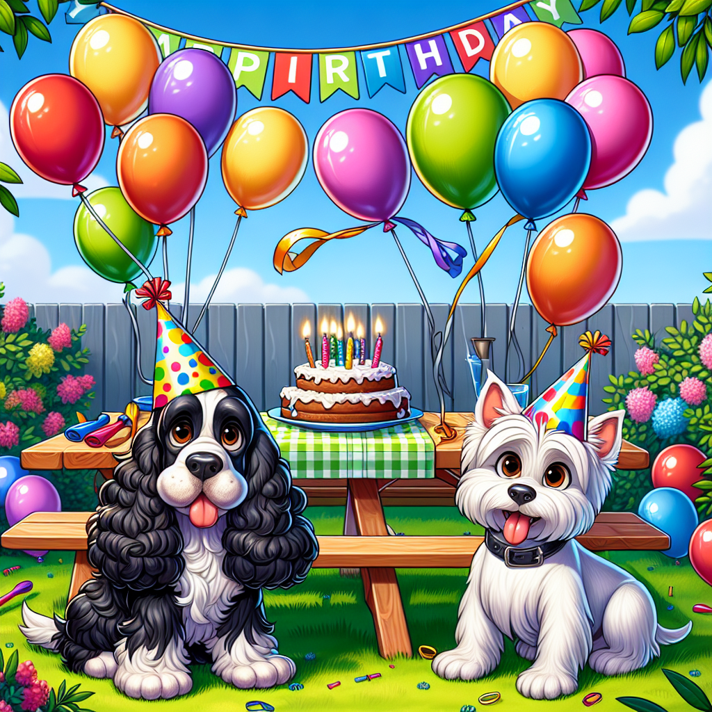 Create a vibrant, cartoon-style scene set in a garden. This garden is filled with an array of colorful balloons tied to a picnic table, and above the table, a 'Happy Birthday' banner flutters in the breeze. In the middle, two adult dogs are celebrating the occasion; a Cocker Spaniel and a West Highland White Terrier. Both canines have glossy black and white coats and expressive brown eyes. The Spaniel, wearing a festive party hat, has comically floppy ears and is animatedly wagging its tail. Meanwhile, the Terrier, also sporting a party hat, stands on its hind legs and amusingly paws at the floating ribbons attached to the balloons.
.
Made with ❤️ by AI.