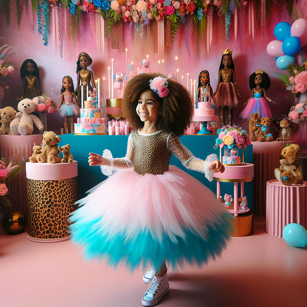 In the middle of a beautifully arranged birthday decor, a six-year-old Hispanic girl with wavy brown hair merrily moves in her fluffy pink and turquoise tutu. The room features realistic elements of leopard print, adding a wild flair to the enchanting femininity. Instead of specific toy memorabilia, let's imagine generic dolls and toys gracing the space, acknowledging a figure admired by many. The atmosphere is alive with the sounds of camera clicks as attendees, both Caucasian and Black men and women, take selfies against this vibrant setting, reveling in the joy of the moment.
Generated with these themes: A 6 year old brown haired girl dancing in a ballet tutu, Pink, Cheetah, Barbie, and Selfies.
Made with ❤️ by AI.