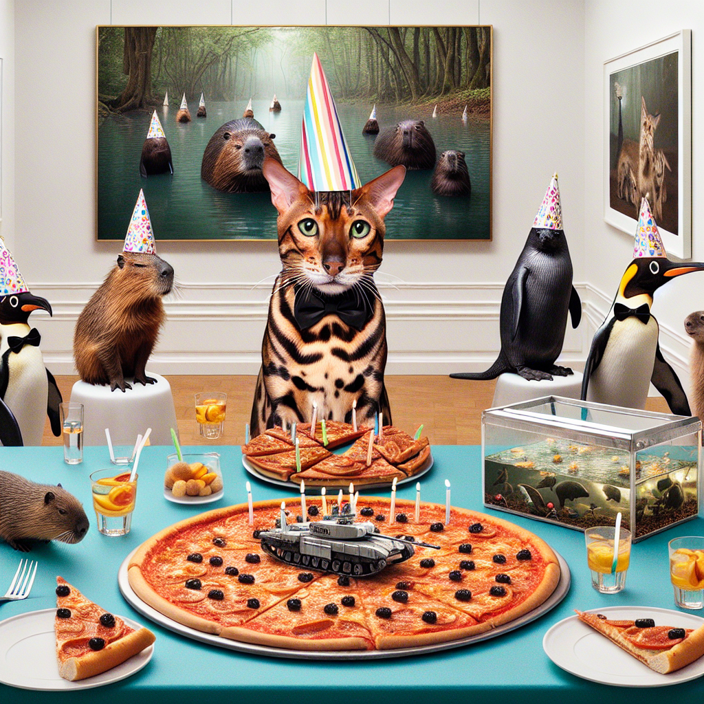 Imagine a fantastical yet realistic birthday scene. A majestic Bengal cat dons a party hat, parading majestically amidst room decorations featuring lifelike paintings of black cats. In the celebration's heart, a generously filled table with tantalizing pizza, drawing not just the human guests, but also a capybara staring at a slice with an undeniably friendly gaze. A group of penguins, all adorned in tiny bow ties, circles a remarkably detailed and realistic miniature tank centerpiece that, while visually striking, is clearly not functional. This eccentric ensemble perfectly captures the whimsical yet grounded spirit of the festivities.
Generated with these themes: Bengal cat, Black cat, Pizza, Capybara, Penguin, and Tank.
Made with ❤️ by AI.