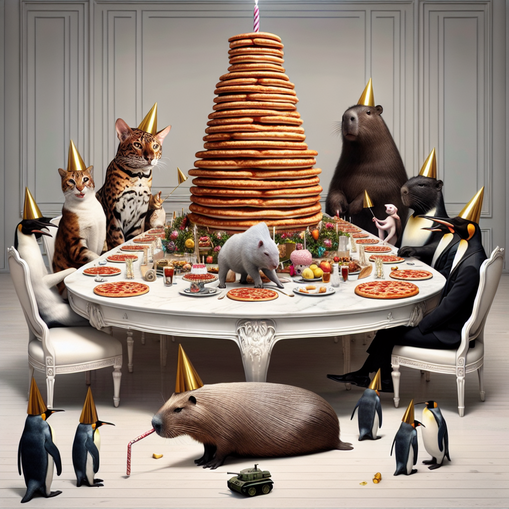 Depict a surrealistic birthday party. At the center, visualize a massive, immaculate white table over which towers a pile of pizzas that symbolizes a birthday cake. Surrounding this spectacle are diverse guests, remarkable in their nature: an elegant Bengal cat fitted with a shimmering party hat, its sleek black cat companion, similarly adorned. In one table corner, imagine a capybara blissfully lounging, engaging with party guests in a casual manner. Meanwhile, a group of penguins, all wearing party hats, diligently guide a harmless, toy tank, introducing a playful dynamic that blurs the lines between reality and fantasy within this unconventional birthday celebration.
Generated with these themes: Bengal cat, Black cat, Pizza, Capybara, Penguin, and Tank.
Made with ❤️ by AI.
