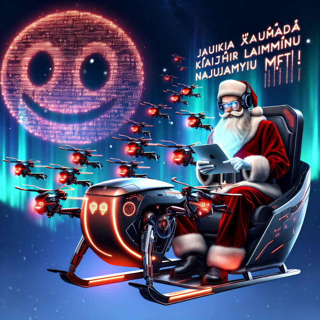An illustration of Santa Claus sitting in a high-tech, sleigh-shaped drone, guided by robotic reindeer with glowing red digital eyes. Santa is checking his 'Nice' list on a futuristic tablet that's projecting holograms of happy emojis, symbolizing 'Digital Success.' In the sky behind him, the northern lights form the words 'Jaukių Šv. Kalėdų ir Laimingų Naujųjų Metų!' in a shimmering, script font.
Generated with these themes: Digital success.
Made with ❤️ by AI.