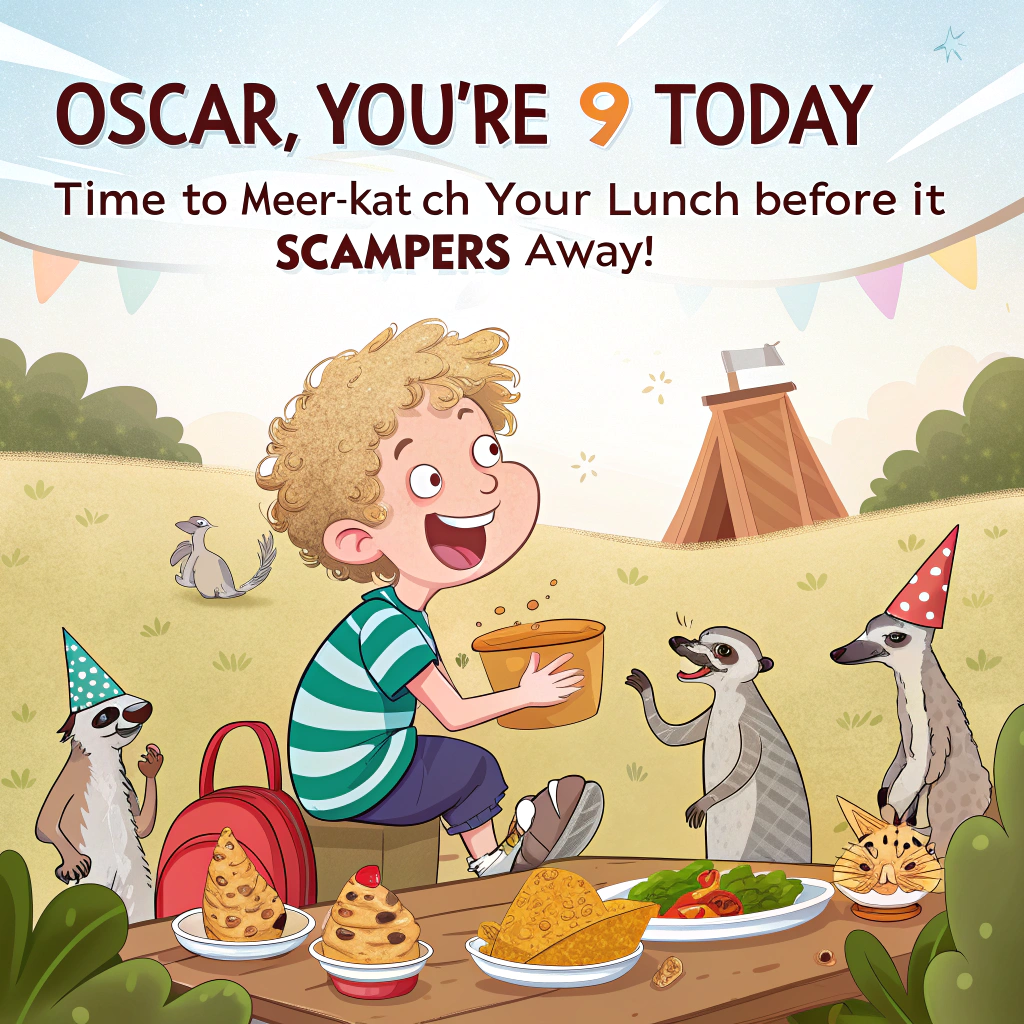 At the top of the image, "Oscar, you're 9 today — time to meer-kat-ch your lunch before it scampers away!"

– In the center of the image, illustrate a cheerful cartoon boy with short blond hair that's adorably curly on top, sitting at a sunny picnic table. He's laughing as a group of playful meerkats in party hats try to sneak nibbles from his lunchbox, which is overflowing with sandwiches, cupcakes, and silly snacks shaped like jungle animals. One mischievous meerkat has swiped a juice box and is sipping it through a curly straw.

– Behind them, hang colourful bunting spelling "Happy 9th!" and include balloons shaped like meerkats floating up into the blue sky.

– Add small whimsical details, like ants forming a conga line around the picnic blanket, and a tiny party horn stuck in Oscar's sandwich.
Generated with these themes: 9 years old, Boy , Short blond hair, curly on top, Meerkat lunch, and .
Made with ❤️ by AI.
