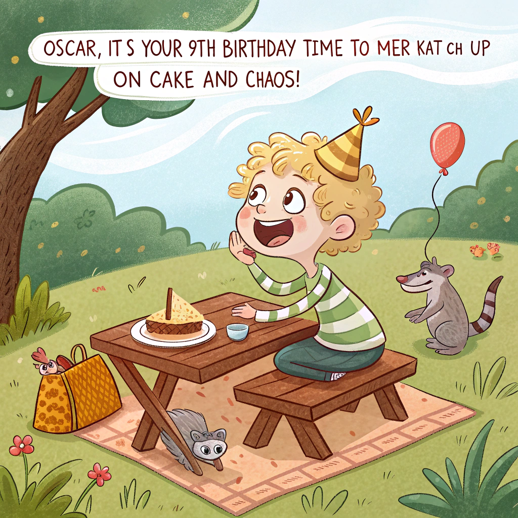 At the top of the image, "Oscar, it’s your 9th birthday — time to meer-kat-ch up on cake and chaos!"

- In the center of the image, show a cute cartoon boy with short blond curly hair on top (Oscar), sitting at a picnic table in the savannah, surrounded by curious, cheeky meerkats wearing tiny party hats.  
- Oscar is laughing with his mouth full of sandwich, while one meerkat playfully steals a chip from his plate and another tries to pop a balloon shaped like a lizard.  
- There’s a big birthday cake on the table, and one mischievous meerkat has his paws in the frosting.  
- The sun is setting in the background, casting warm golden hues across the cartoon scene, adding a cozy glow to the chaos.  
- The overall tone is cheerful, funny, and adorably wild – perfect for a 9-year-old’s special day!
Generated with these themes: 9 years old, Boy , Short blond hair, curly on top, Meerkat lunch, and .
Made with ❤️ by AI.