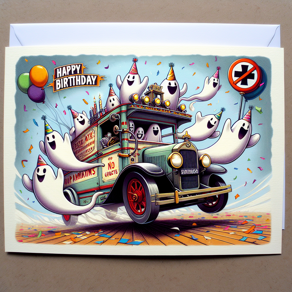A jovial birthday card featuring a fanciful vector design of a vintage ambulance-style van propelling out of the card. The vehicle is encompassed by whimsical cartoonish phantoms adorned in festive hats. A renowned symbol indicating 'No Ghosts' is ingeniously modified to represent the age of the individual celebrating their birthday. The whole tableau is positioned against a setting of vibrant confetti and colorful balloons, emphasizing the festive ambiance.
Generated with these themes: Ghostbusters.
Made with ❤️ by AI.