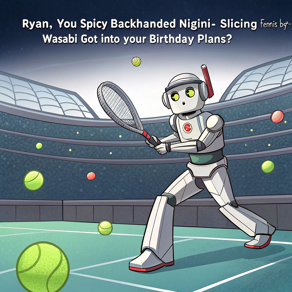 At the top of the image, "Ryan, you spicy backhanded nigiri-slicing tennis-bot—wasabi got into your birthday plans?"

- In the center of the image, depict a comically intense scene featuring a shiny chrome robot wearing a retro tennis headband, dual-wielding a tennis racket and a sushi knife.
- The robot is on a futuristic tennis court, launching tennis balls that turn into flying sushi mid-air—one mid-slice into a perfect roll.
- A flustered sumo-chef in the background looks confused while trying to catch the rolls with chopsticks.
- Sushi rolls (some shaped like tennis balls) are flying everywhere in a cartoon-style chaotic ballet.
- The mood is zany, lighthearted, and joyfully absurd.
Generated with these themes: Tennis Robot Sushi.
Made with ❤️ by AI.