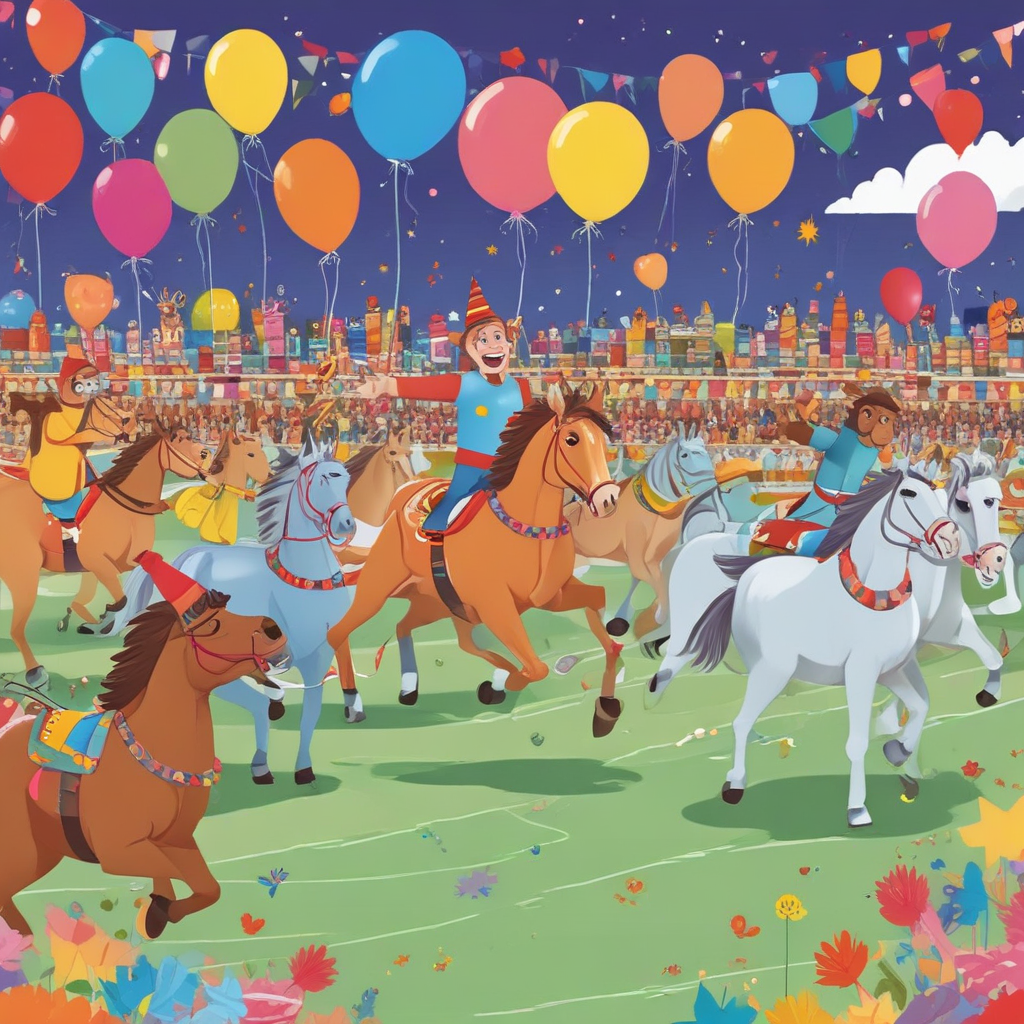 Illustration Cute, Craft a charming birthday-themed illustration that encapsulates the spirit of determination and competition. In this vibrant scene, a group of animals are celebrating around a festive racetrack. Central to the scene is a gallant horse, adorned with a party hat, poised to commence the race. The surroundings are decked with floating balloons and streamers, and a birthday banner unfurls overhead. The unyielding focus and steady stance of the horse resonates with principles of grit and resilience, signaling readiness to sprint towards the finish line for a victorious celebration.
Generated with these themes: Discipline and grit, and Horse racing.
Made with ❤️ by AI.
