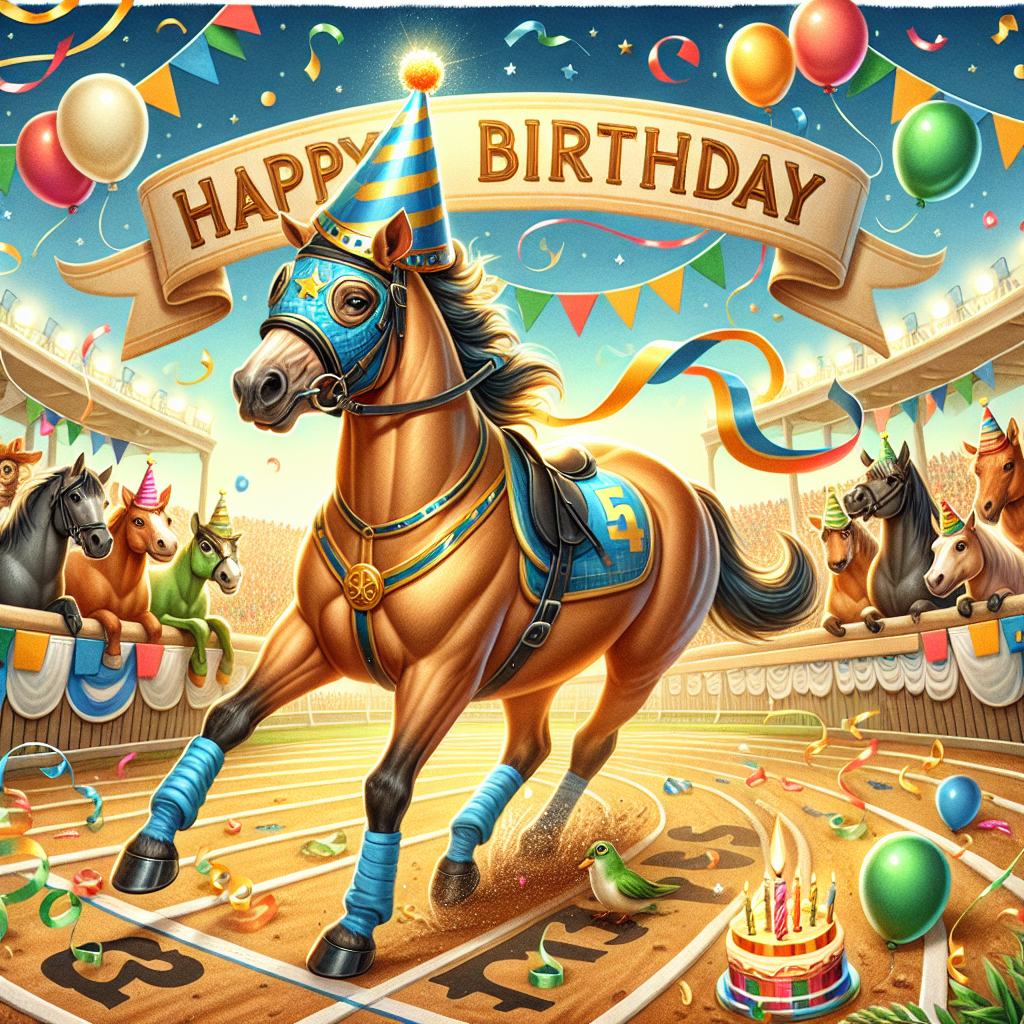 Craft a charming birthday-themed illustration that encapsulates the spirit of determination and competition. In this vibrant scene, a group of animals are celebrating around a festive racetrack. Central to the scene is a gallant horse, adorned with a party hat, poised to commence the race. The surroundings are decked with floating balloons and streamers, and a birthday banner unfurls overhead. The unyielding focus and steady stance of the horse resonates with principles of grit and resilience, signaling readiness to sprint towards the finish line for a victorious celebration.
Generated with these themes: Discipline and grit, and Horse racing.
Made with ❤️ by AI.
