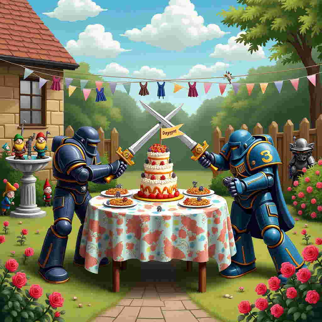 In the foreground of this hilarious anniversary scene, a dining table is set in the middle of a quaint suburban garden. The table is dressed with a tablecloth featuring a chaotic and colorful Warhammer battlefield print, where miniatures seem to battle amidst plates of pasta and salad. On the table, a tiered cake adorned with tiny, edible Space Marines and Orks stands as the centerpiece, with frosting bullets and icing lasers flying around. A small flag on the cake proudly reads "Happy Anniversary, Darren!" in golden lettering. Behind the table, two Warhammer figurines, painted to resemble the celebrating couple, are locked in a playful sword fight on the garden path, their tiny, gleaming swords crossed dramatically. In the sky above, fluffy clouds have formed into the letters spelling "Darren," giving a nod to the recipient. Around the garden, gnomes dressed in Warhammer armor seem to guard the flowerbeds, some peeking out from behind vibrant rose bushes, others perched heroically on garden stones, overseeing the comical scene below. To the left, a birdbath has been transformed into a miniature castle, complete with tiny flags and a drawbridge, where birds dressed in tiny Warhammer helmets gather for a drink. In the distance, a clothesline is hung with capes and armor, fluttering in the breeze as if preparing for the next great tabletop battle. This amusing scene merges domestic tranquility with the epic world of Warhammer, creating a unique and memorable anniversary card cover.
Generated with these themes: Warhammer .
Made with ❤️ by AI.