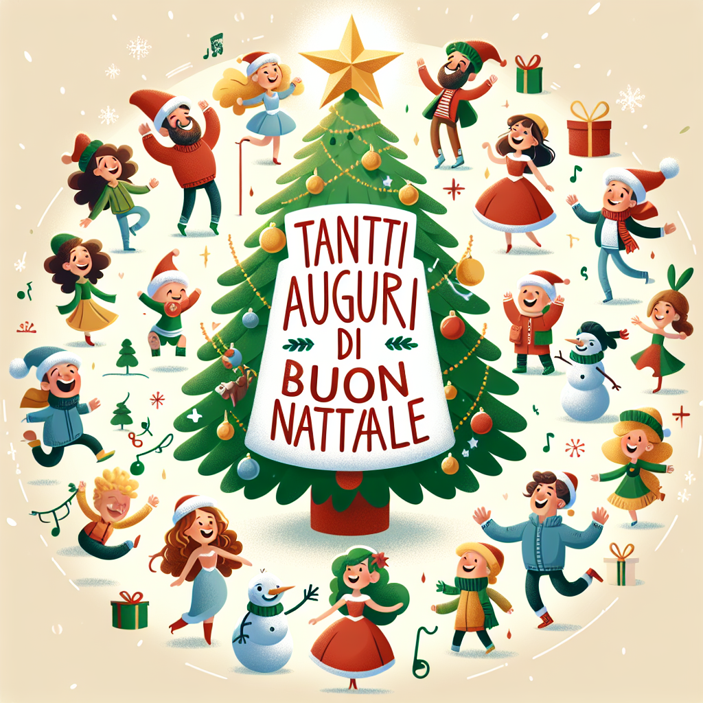 The charming vector illustration captures the essence of Christmas with a vibrant Albero di Natale as the centerpiece, surrounded by a magical natalizia ambience. The tree is decorated with playful, cartoonish ornaments and a cheerful star. Around, cartoon characters are engaged in festive activities, setting the scene for a joyous holiday. The phrase 'Tanti auguri di Buon Natale' is prominently displayed in a fun, friendly font.
Generated with these themes: Albero di natale e atmosfera natalizia .
Made with ❤️ by AI.