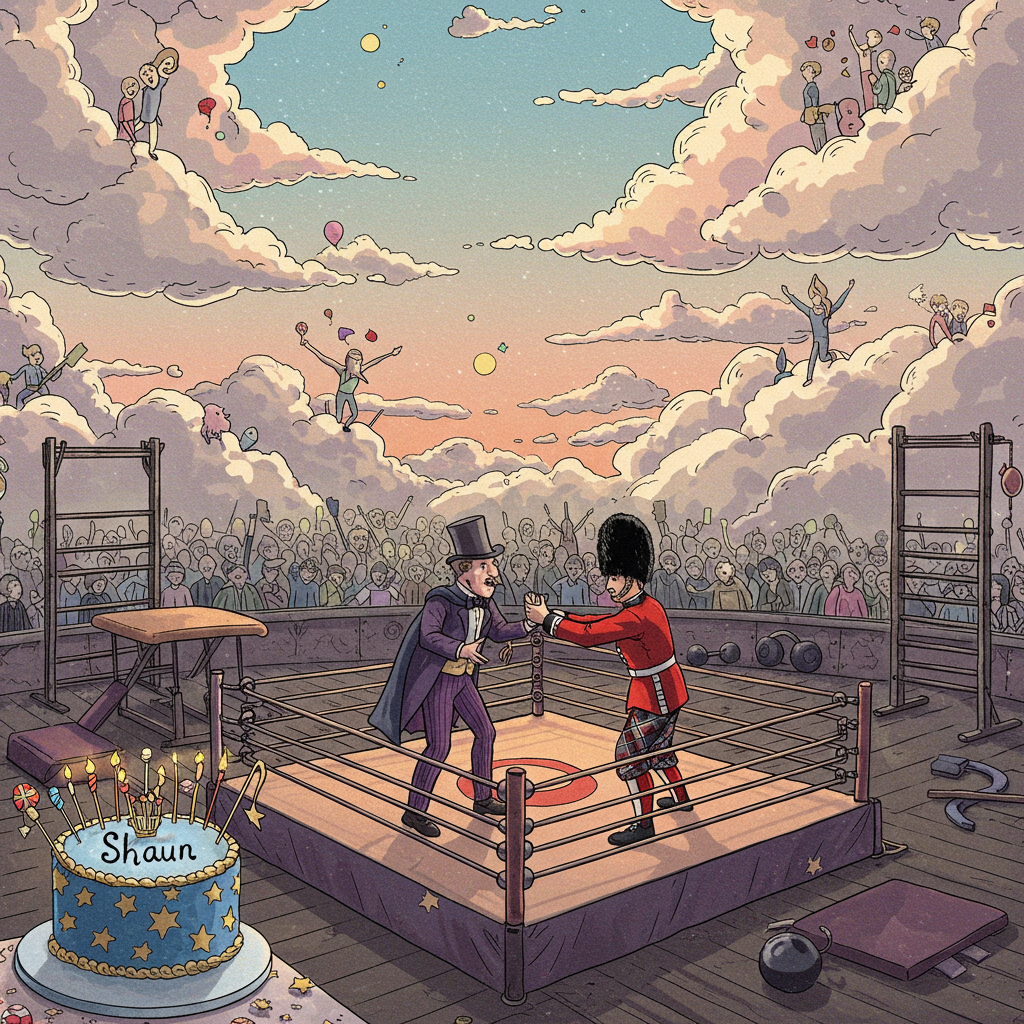 In the foreground of this whimsical farewell scene, a wrestling ring is set up in the center, reminiscent of an arena from a bygone era, infused with Edward Gorey's flair for detail and a touch of Quentin Blake's expressiveness. Two figures are locked in an elaborate wrestling pose: one is dressed as a vintage magician, complete with a tall, silk top hat and a cape fluttering behind him. His attire is a deep, royal purple, shimmering under an imaginary spotlight. The other wrestler, a Royal Scot's guard, maintains his stoic posture even in the midst of grappling, his traditional red tunic and black bearskin cap contrasting sharply with the magician's garb.

Behind them, a quaint, gym-like setting unfolds, inspired by Norman Rockwell's storytelling approach. Weightlifting equipment made of rustic iron and wood lines the walls, and a gymnastics vault is positioned just beyond the ring. The floorboards are worn, suggesting years of physical exertion and echoes of clanking weights.

Positioned slightly to the left is a charming farewell cake, iced in royal blue and adorned with gold stars, evocative of Maxfield Parrish's use of color. On top of the cake, a delicate, hand-painted banner unfurls with the name "Shaun" in an elegant script, reminiscent of Aubrey Beardsley's ornamental style.

In the background, the scene transitions into an illustrated, expansive sky with swirling clouds. The clouds subtly morph into shapes of cheering figures, their ethereal forms nodding to the fantastical elements seen in Maurice Sendak's work. Each cloud is outlined with a fine ink detail, akin to the style of Arthur Rackham, while their interiors are filled with soft pastel hues—pink, orange, and lavender—capturing a dreamy twilight.

All elements together create a vivid tapestry of farewell, seamlessly blending the disparate themes into a single, unified narrative rich with concrete details and vibrant colors.
Generated with these themes: Wrestling , Magician, Male, Royal Scot’s guard , and Gym.
Made with ❤️ by AI.