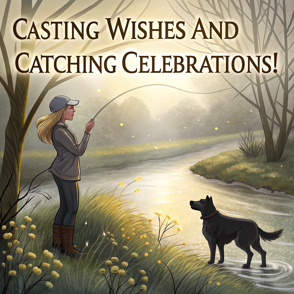 At the top of the image, "Casting wishes and catching celebrations!"

- Illustrate a dreamy, surreal early spring scene along a quiet riverbank under soft, overcast morning light. Delicate sunlight filters through budding trees, dappling the ground in subtle golden patterns.

- A confident blonde girl wearing a grey trucker cap stands mid-cast in fly fishing stance. She’s poised and focused, her line gracefully arcing through the misty air.

- Beside her, a black shepherd-lab mix dog with pointy ears sits on a mossy rock, looking alert and excited, wearing a bright, polka-dotted festive party hat slightly askew.

- From the river, a jubilant trout leaps into the air in slow-motion wonder — it's also wearing a tiny birthday party hat. Glitter trails shimmer behind it, sparkling against the mist.

- The girl and the dog both gaze in wide-eyed amazement at the airborne trout, as though they’ve reeled in not a fish, but a wild splash of joy.

- Surrounding flora and fauna should subtly include more surreal touches — maybe cattails are candles, or butterflies shaped like confetti.

At the bottom of the image, in whimsical hand-lettered text:  
"Hope your birthday is an absolute catch!"
Generated with these themes: Confident blonde girl wearing a grey trucker cap, fly fishing., Soft early spring sunlight filtering through budding trees on an overcast morning. , Black shepherd-lab mix dog with pointy wearing a festive party hat., A trout wearing a party hat jumping out of the water., and The girl and the dog are looking at the trout.
Made with ❤️ by AI.