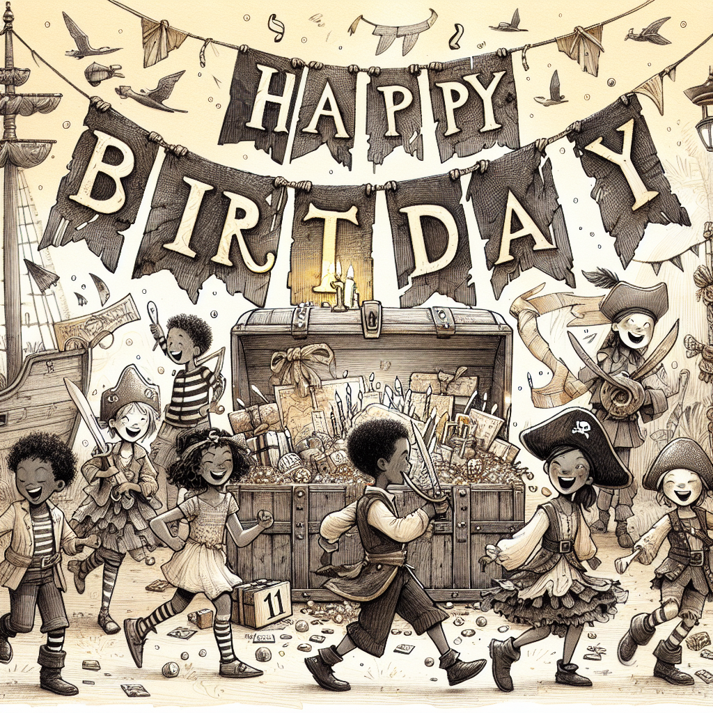 A charming illustration depicting a pirate adventure-themed 11th birthday. A treasure map in the background leads to a chest overflowing with birthday treats and presents. 'Happy Birthday' is etched onto a weathered sail above a band of kids decked out in pirate gear, eagerly hunting for their '11' marked treasure.
Generated with these themes: 11th kids  .
Made with ❤️ by AI.