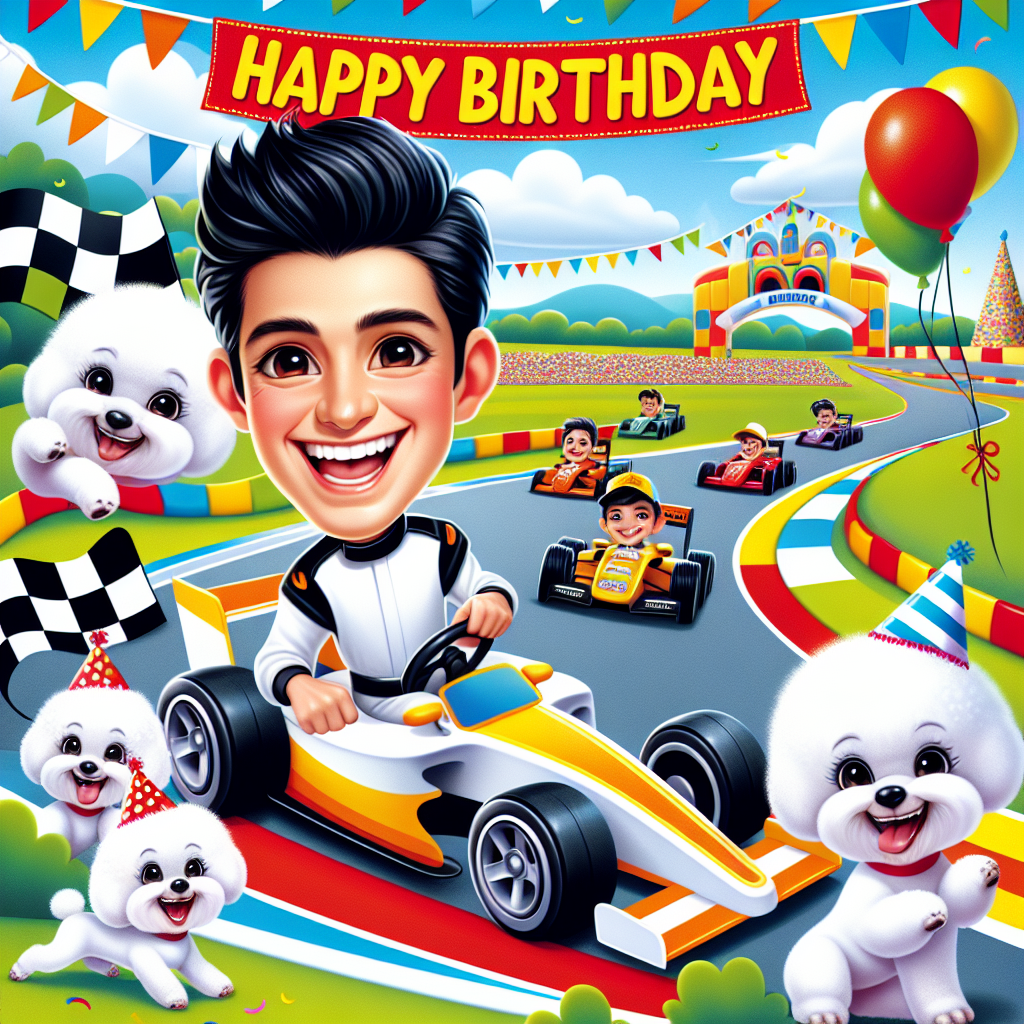 A lively birthday celebration demonstrating a delightful cartoon theme. A backdrop comprises a vibrant racing track that brings to mind the world of professional car racing, with charming caricatures of a fictitious famous race car driver grinning broadly while maneuvering a humorous race car along with playful dogs participating in the fun. Joyous bichon frise pups are accessorized in with party hats, appearing to offer encouragement for the ongoing races, delivering a charming enhancement to the birthday theme.
Generated with these themes: Formula one, Michael schumacher , Dogs, and Bichon.
Made with ❤️ by AI.