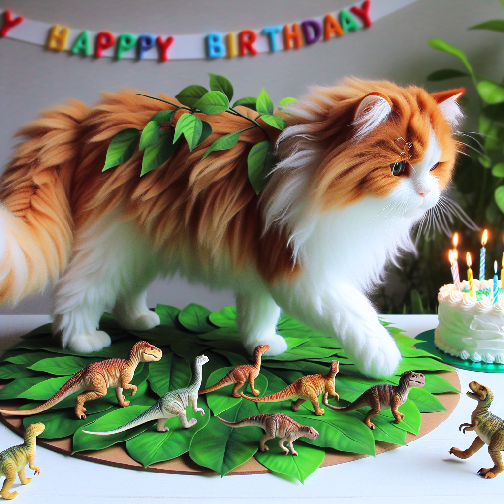 Imagine a wonderful birthday scene featuring a realistic ginger and white cat. This cat, depicted with soft, fluffy fur, is elegantly stepping on a bed of vibrant green leaves. The scene is peaceful and registers the cat captured in the middle of a stride, walking alongside a group of small, meticulously designed dinosaurs. These creatures seem as though they've adventurously wandered out from the pages of a children's storybook, partaking in and adding to the jovial, festive atmosphere of the birthday. Sprinkled around them are subdued birthday decorations, augmenting the inherent charm of the celebration.
Generated with these themes: Ginger and white cat, Dinosaur, Leaves, and Walking.
Made with ❤️ by AI.