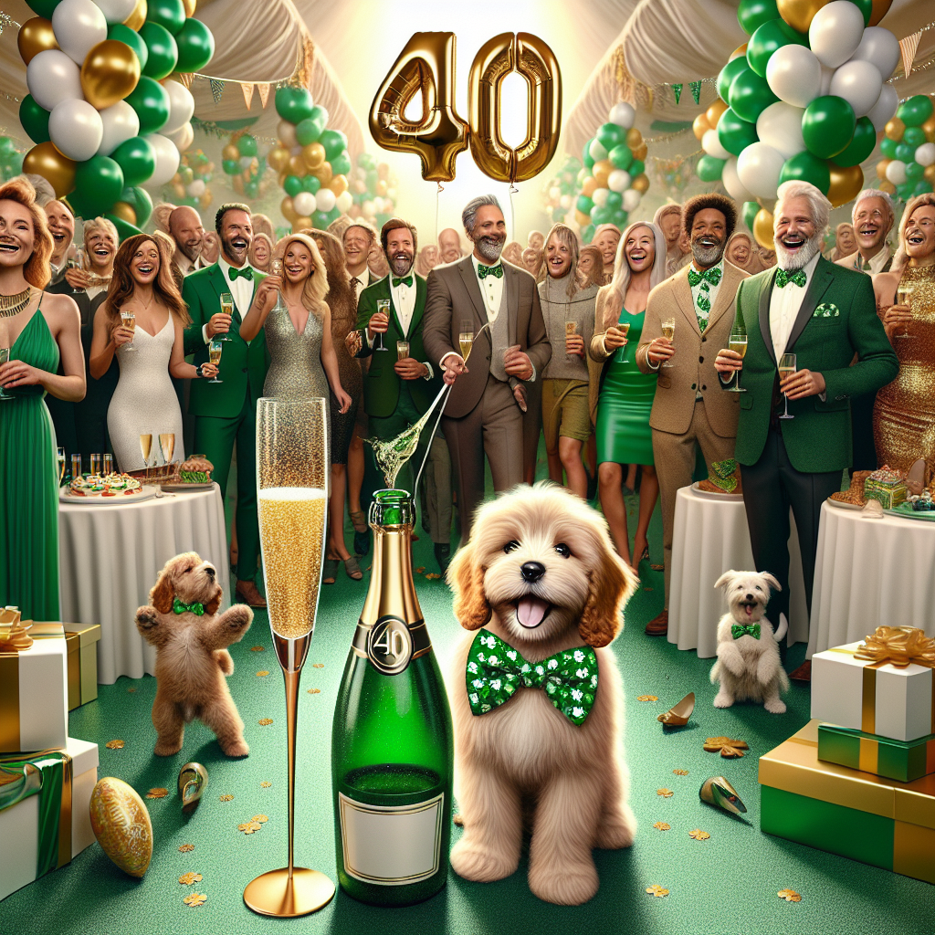 Visualize a surreal realistic birthday scene that reflects Celtic traditions with a color scheme of primarily green, white, and gold, evoking the sense of the Irish flag. Central to the scene is a glistening champagne bottle coated in shiny glitter. A playful golden Cavapoo puppy with a shamrock-patterned bow tie prances joyfully among the diverse crowd. The guests consist of men and women, from Caucasian, Hispanic, Black, Middle-Eastern, and South Asian descent all engaged in festive delight. The celebration is marked with elegant decorations signifying the 40th birthday, with balloons and banners prominently featuring the number '40' infusing the scene with grandeur and joy.
Generated with these themes: Green white gold, Celtic , Ireland flag , Champagne, Glitter, Golden cavapoo , 40, 40th Birthday , and Shamrock.
Made with ❤️ by AI.