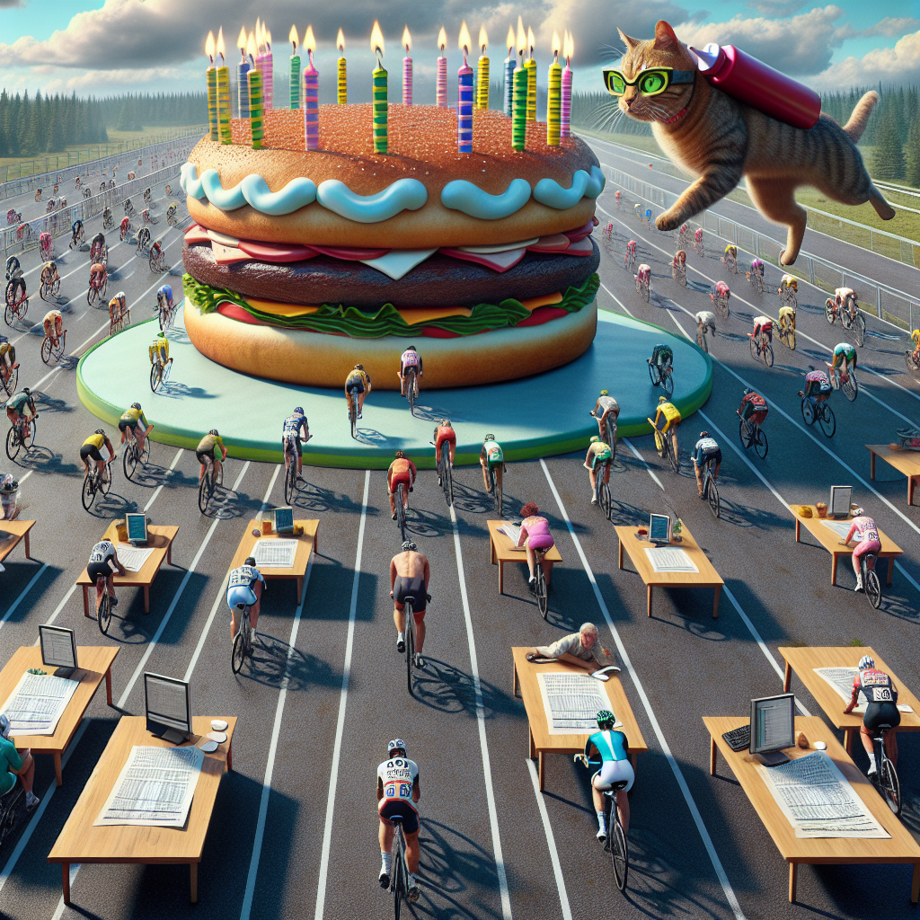 Cat riding bike wearing helmet, Ketchup, Birthday cake, Cycling race, Spreadsheets, and Burger Birthday Card
