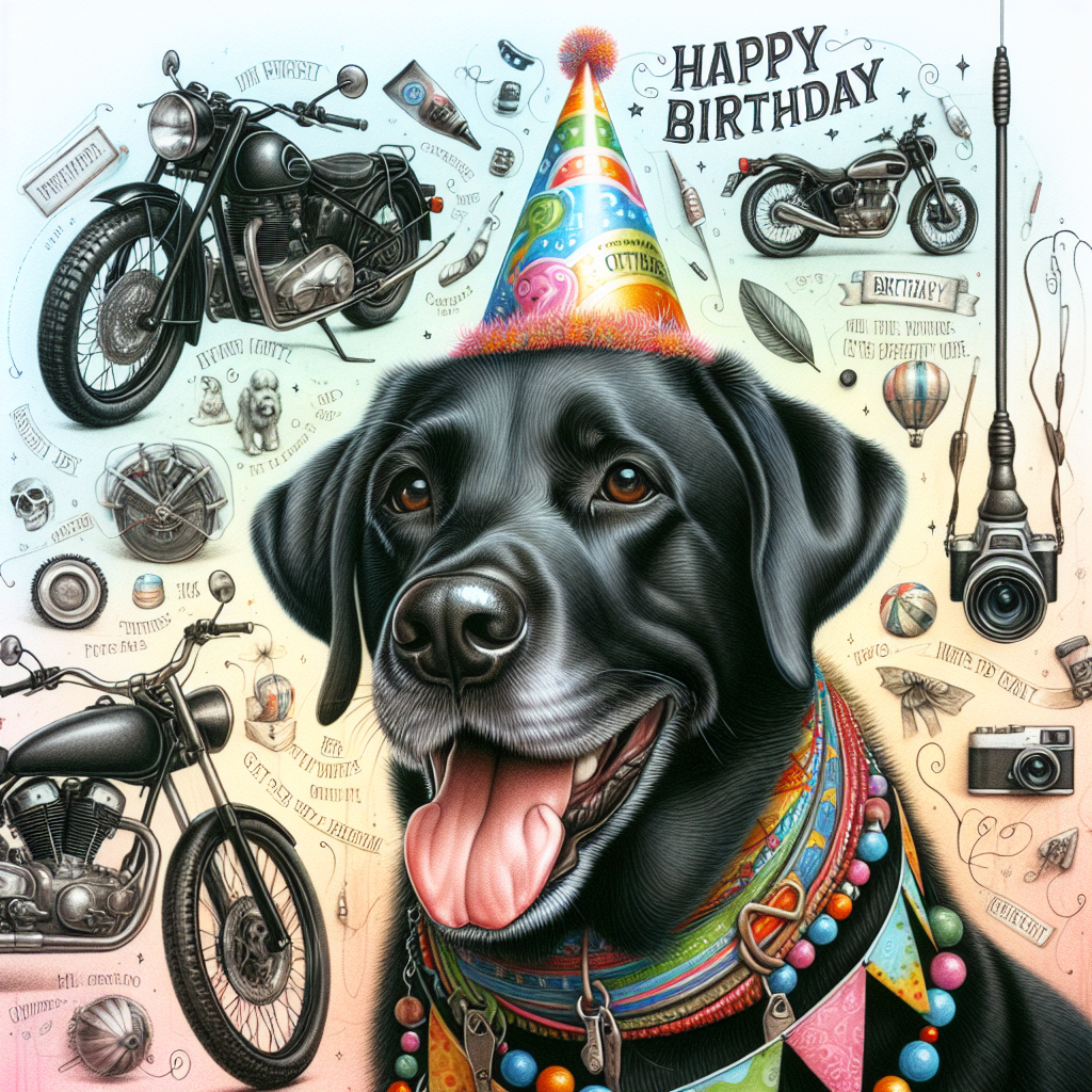 An enchanting illustration with a birthday theme, showcasing a charming Black Labrador with a beaming smile, adorned in a vibrant, multicolored party hat. The canine stands as the centerpiece with detailed drawings of motorbikes encircling it, effectively capturing the spirit of a thrilling birthday adventure. The backdrop accentuates a soft pastel color palette, and deftly combines ideations of photography; one such element being a camera dangling from the Labrador's collar in a playful manner, hinting at a jovial commemoration of life's frozen moments.
Generated with these themes: Black Labradors, drawing, photography, motorbikes.
Made with ❤️ by AI.