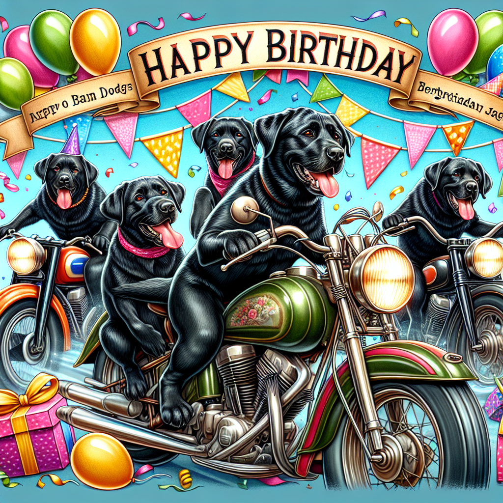 Create a vibrant and playful birthday illustration featuring several cheerful Black Labradors joyously riding classic motorbikes. The dogs' glossy coats should hint at a touch of realism, perhaps through employing photographic texture. Drape banners with birthday greetings across the frame, and have an array of balloons and confetti raining down around the gleeful pups. Seek to harmoniously blend the thrill and excitement of motorbike riding with the warmth and sweetness of birthday celebrations.
Generated with these themes: Black Labradors, drawing, photography, motorbikes.
Made with ❤️ by AI.